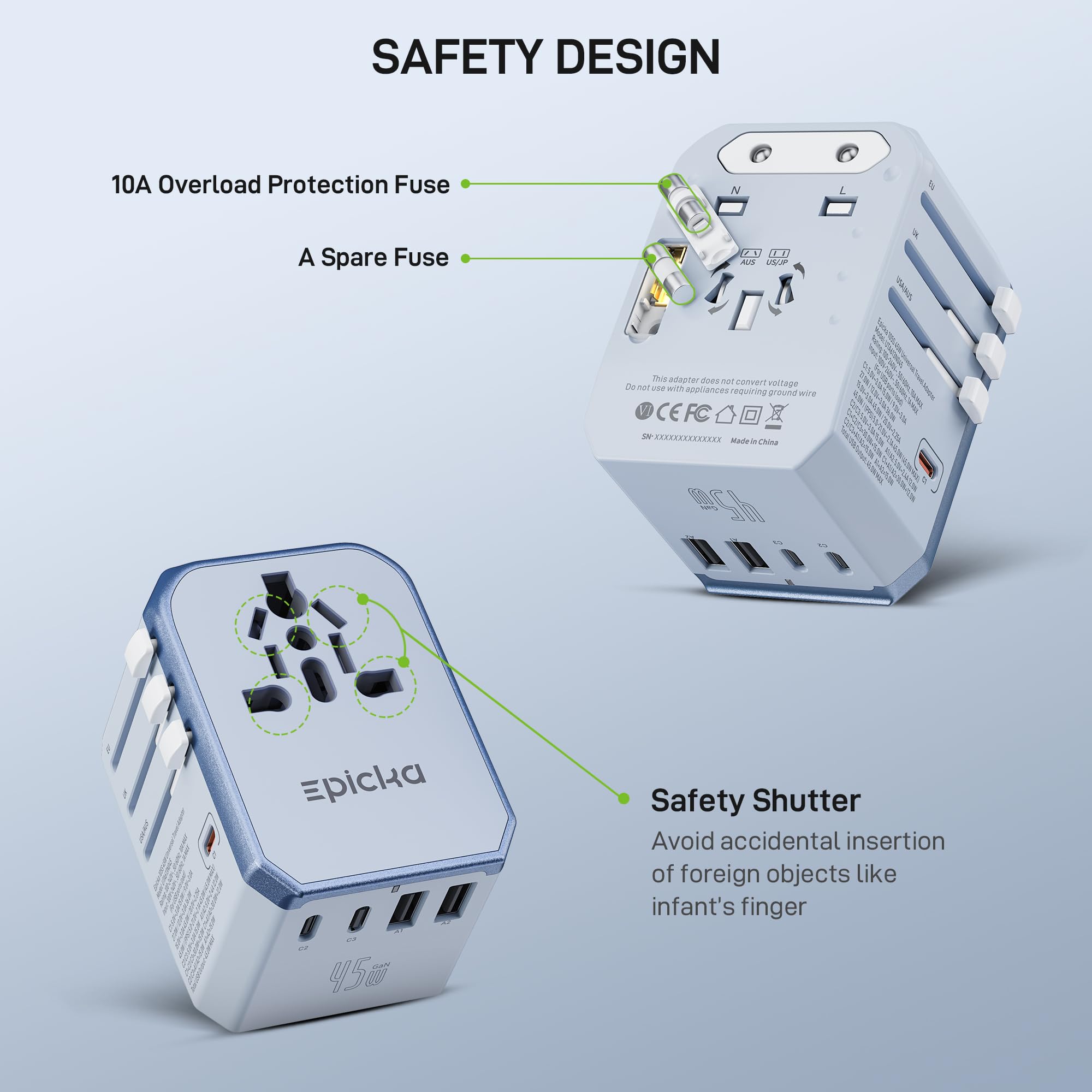 EPICKA Universal Travel Adapter GaN 45W, European Travel Plug Adapter with PD&QC Fast Charging(2 USB-A & 3 USB-C Ports) - Worldwide Travel Essentials, International Power Adapter for UK/US/AU (Black)
