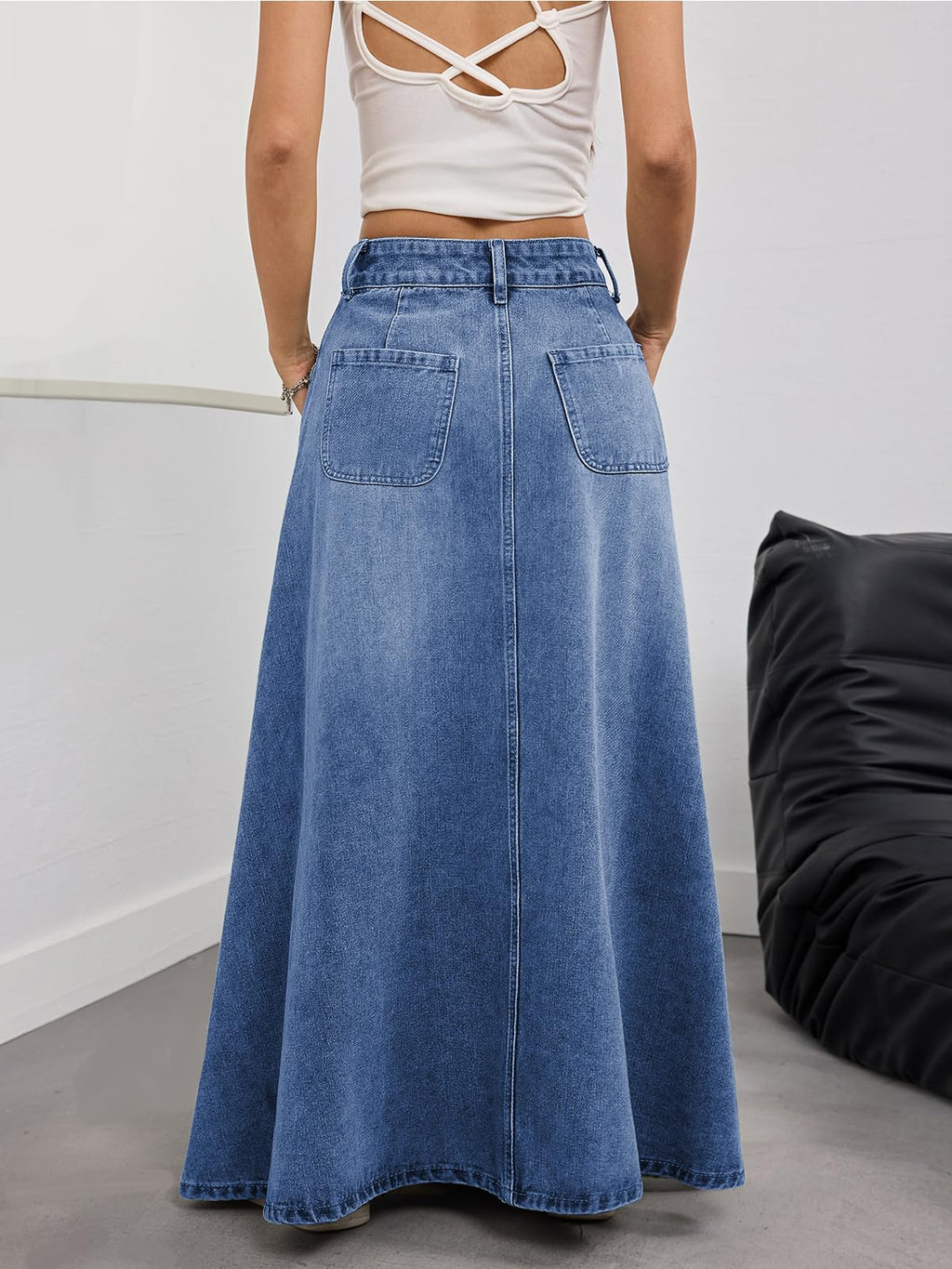 ebossy Women's Vintage Mid-Rise Multi-Pockets Flared Long Jean Skirts Pleated Flowy Swing A-line Denim Maxi Skirts