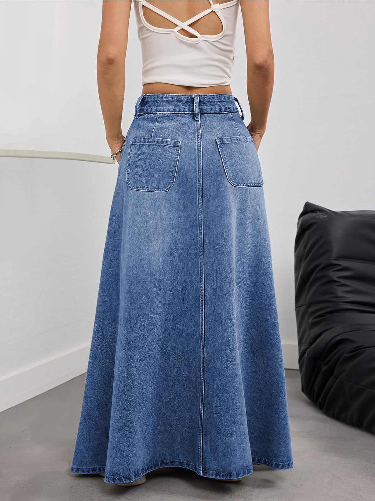 ebossy Women's Vintage Mid-Rise Multi-Pockets Flared Long Jean Skirts Pleated Flowy Swing A-line Denim Maxi Skirts