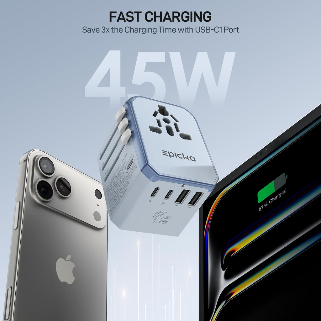 EPICKA Universal Travel Adapter GaN 45W, European Travel Plug Adapter with PD&QC Fast Charging(2 USB-A & 3 USB-C Ports) - Worldwide Travel Essentials, International Power Adapter for UK/US/AU (Black)