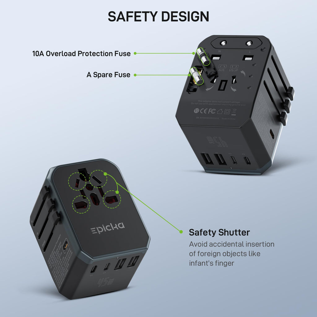 EPICKA Universal Travel Adapter GaN 45W, European Travel Plug Adapter with PD&QC Fast Charging(2 USB-A & 3 USB-C Ports) - Worldwide Travel Essentials, International Power Adapter for UK/US/AU (Black)
