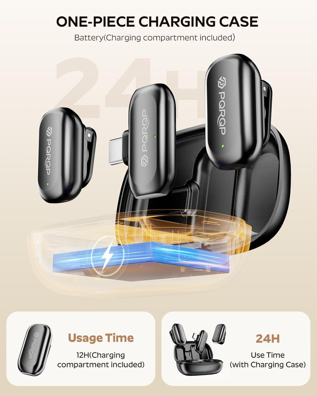 PQRQP Wireless Lavalier Microphone for iPhone/iPad/Android, 164ft Transmission, Mini Microphone with AI Noise Cancellation & Hi-Fi Sound, 24H Charging Case, Mic Ideal for Video Recording, Preamps