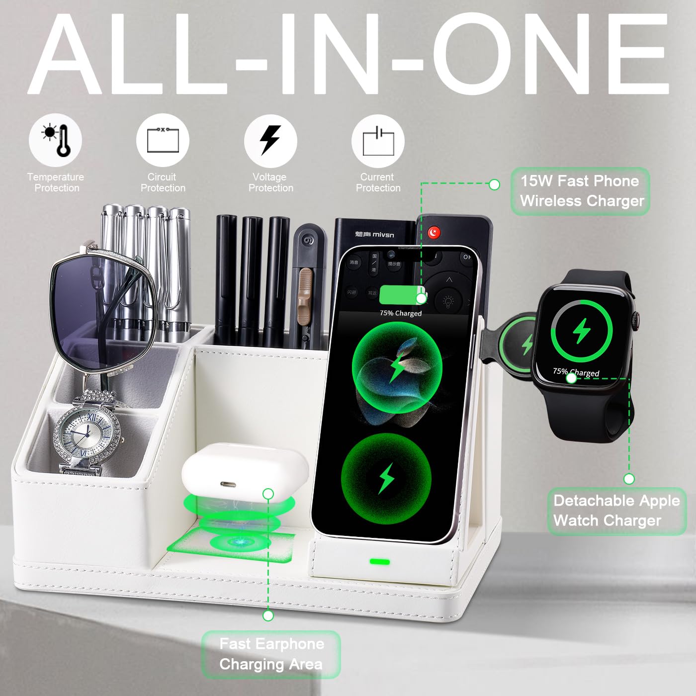 LADSTAG Black Leather Desk Organizer With Charging Station,Office Supplies Desk Accessories,Pen Holder for Desk,Remote Control Holder,Desk Organizer With Phone Charger,Nightstand Desktop Organizer