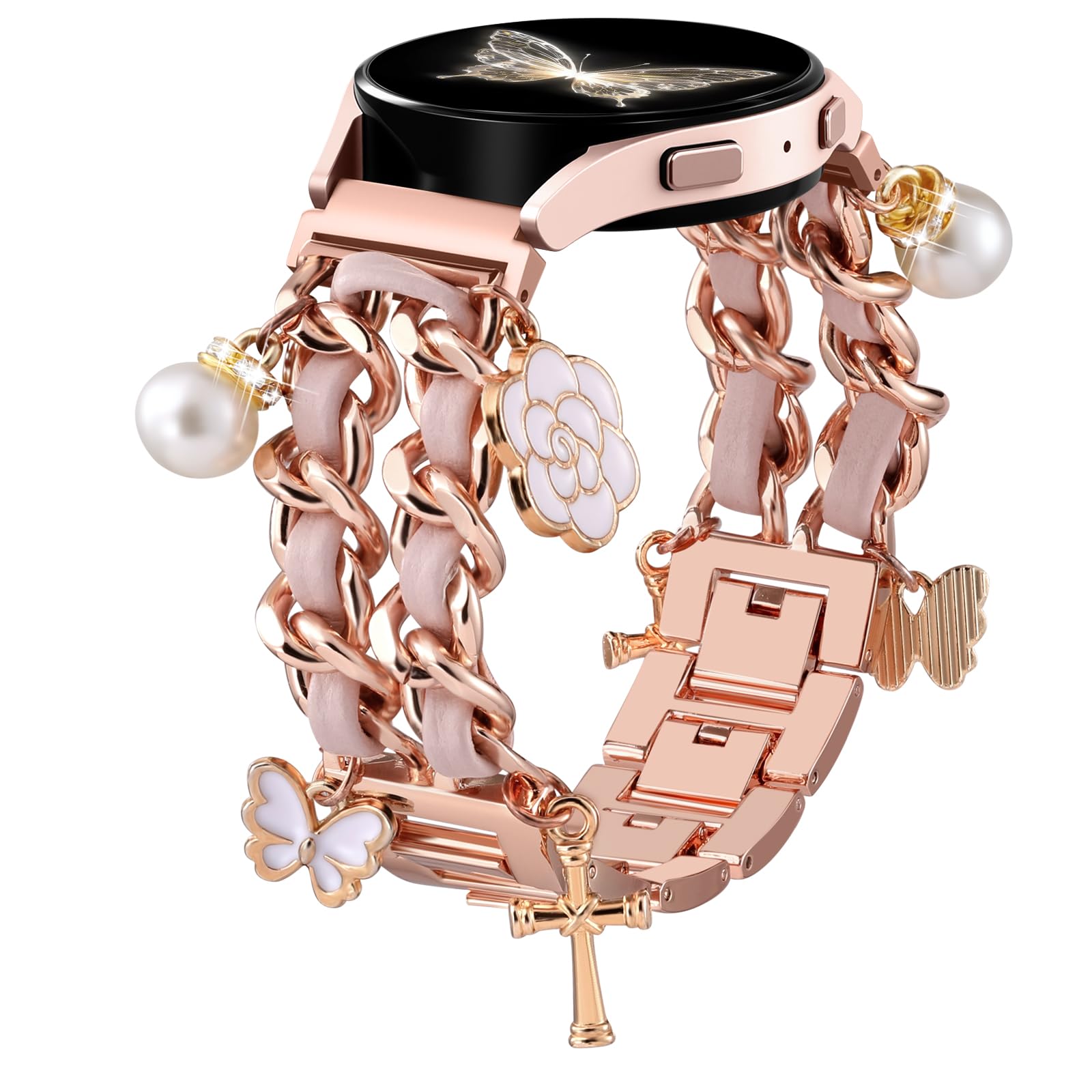 Stylish Metal Band Compatible with Samsung Galaxy Watch 7 Band/FE 6 5 4 40mm 44mm,Galaxy Active 2, 20mm Watch Strap Pretty Chain with Cute Decorative Charms Accessories for Samsung Watch Bands Women