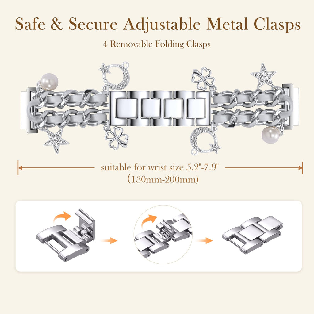 Stylish Metal Band Compatible with Samsung Galaxy Watch 7 Band/FE 6 5 4 40mm 44mm,Galaxy Active 2, 20mm Watch Strap Pretty Chain with Cute Decorative Charms Accessories for Samsung Watch Bands Women