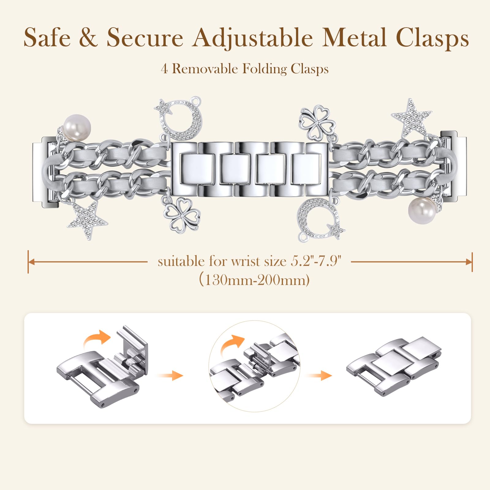 Stylish Metal Band Compatible with Samsung Galaxy Watch 7 Band/FE 6 5 4 40mm 44mm,Galaxy Active 2, 20mm Watch Strap Pretty Chain with Cute Decorative Charms Accessories for Samsung Watch Bands Women