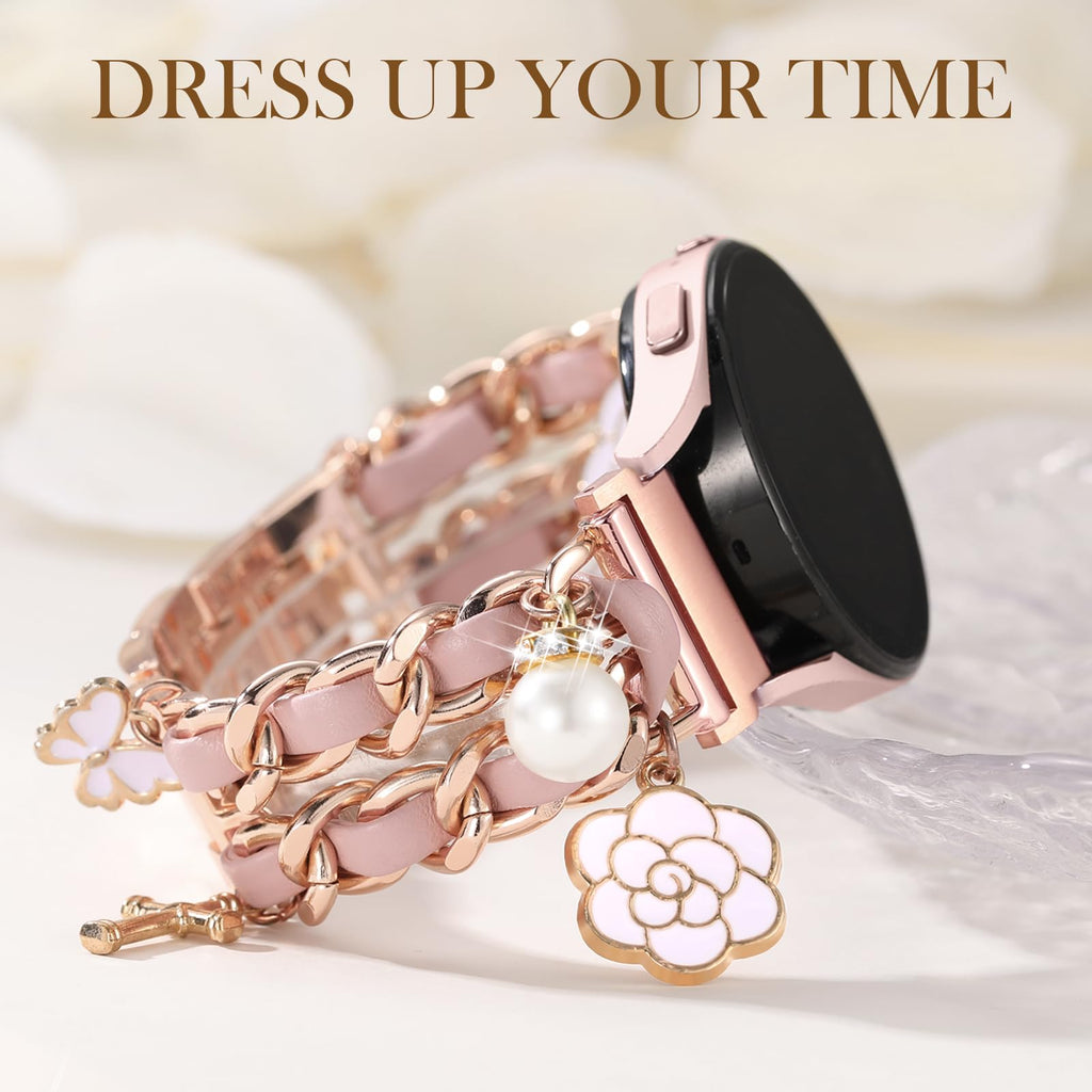 Stylish Metal Band Compatible with Samsung Galaxy Watch 7 Band/FE 6 5 4 40mm 44mm,Galaxy Active 2, 20mm Watch Strap Pretty Chain with Cute Decorative Charms Accessories for Samsung Watch Bands Women