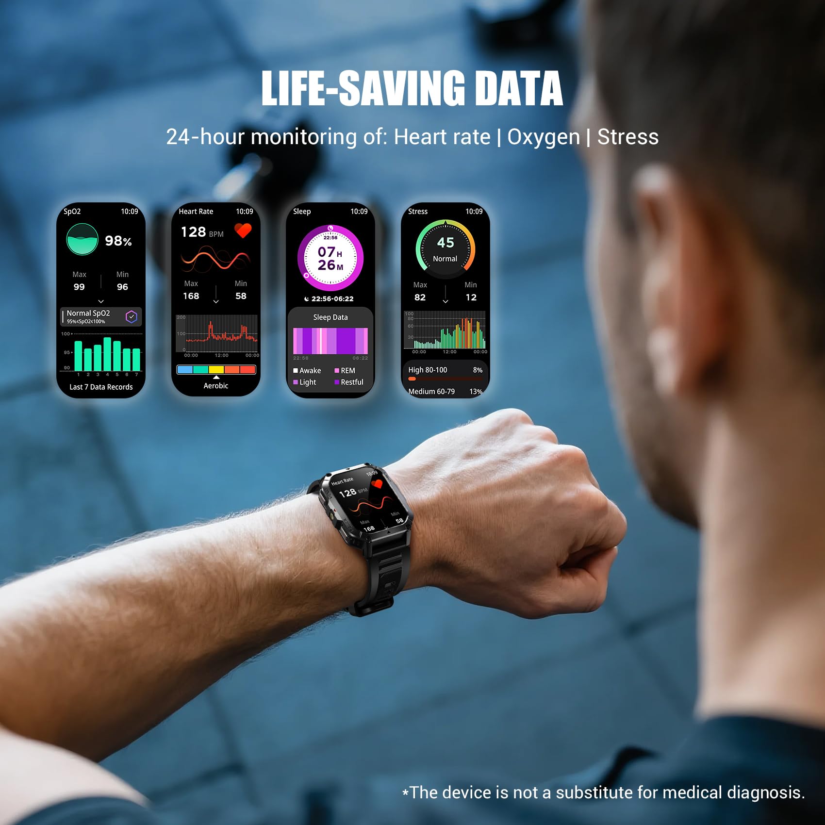 Military Tactical Smart Watches for Men, 100-Day Battery Rugged Fitness Watch with Compass & Flashlight, Sports Watch for Android with 2.01" HD Display AI Voice, IP68 Waterproof Smartwatch (Black)