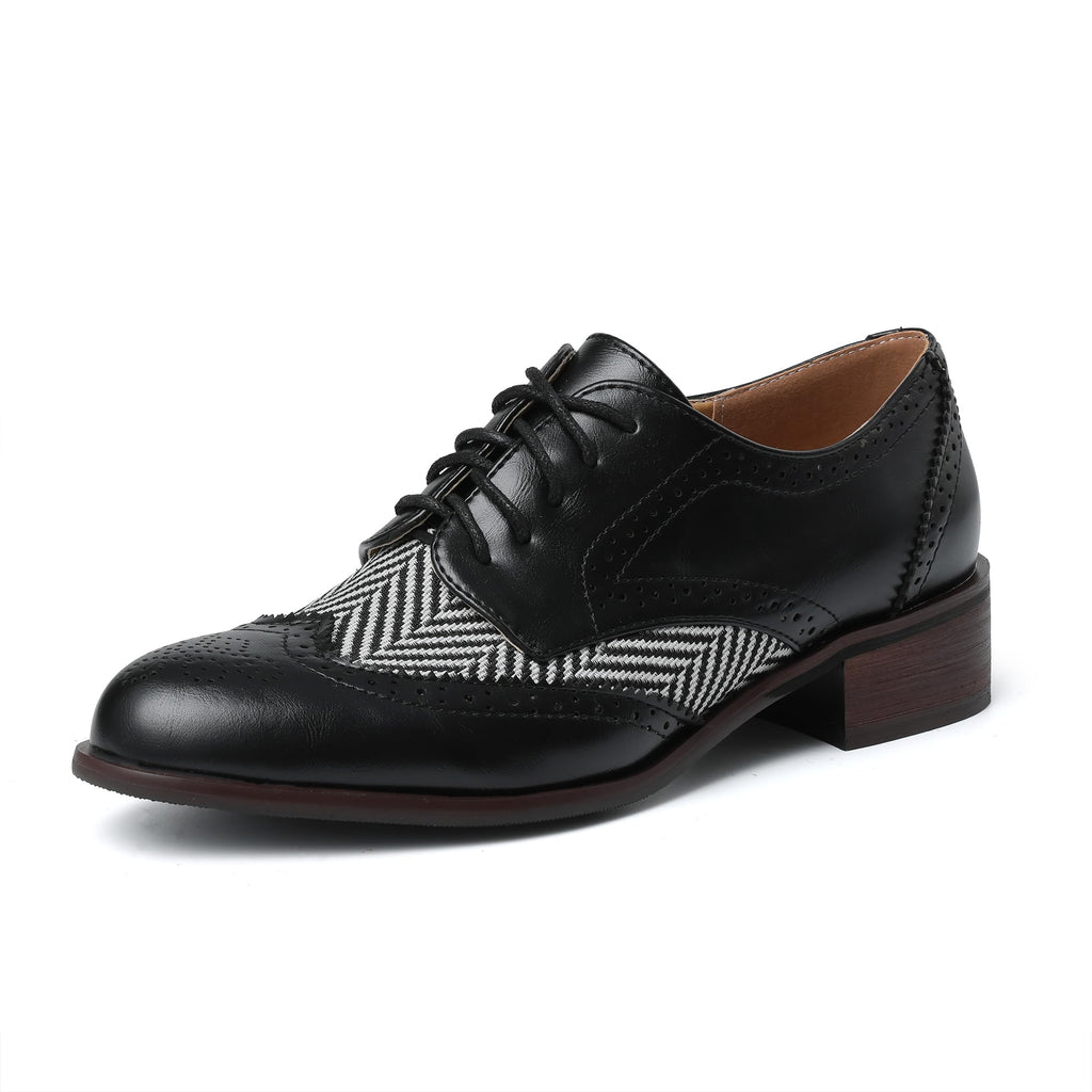 Women Black Oxfords Lace Up Pointed Toe Classic Business Formal Wingtip Brogue Dressy Shoes