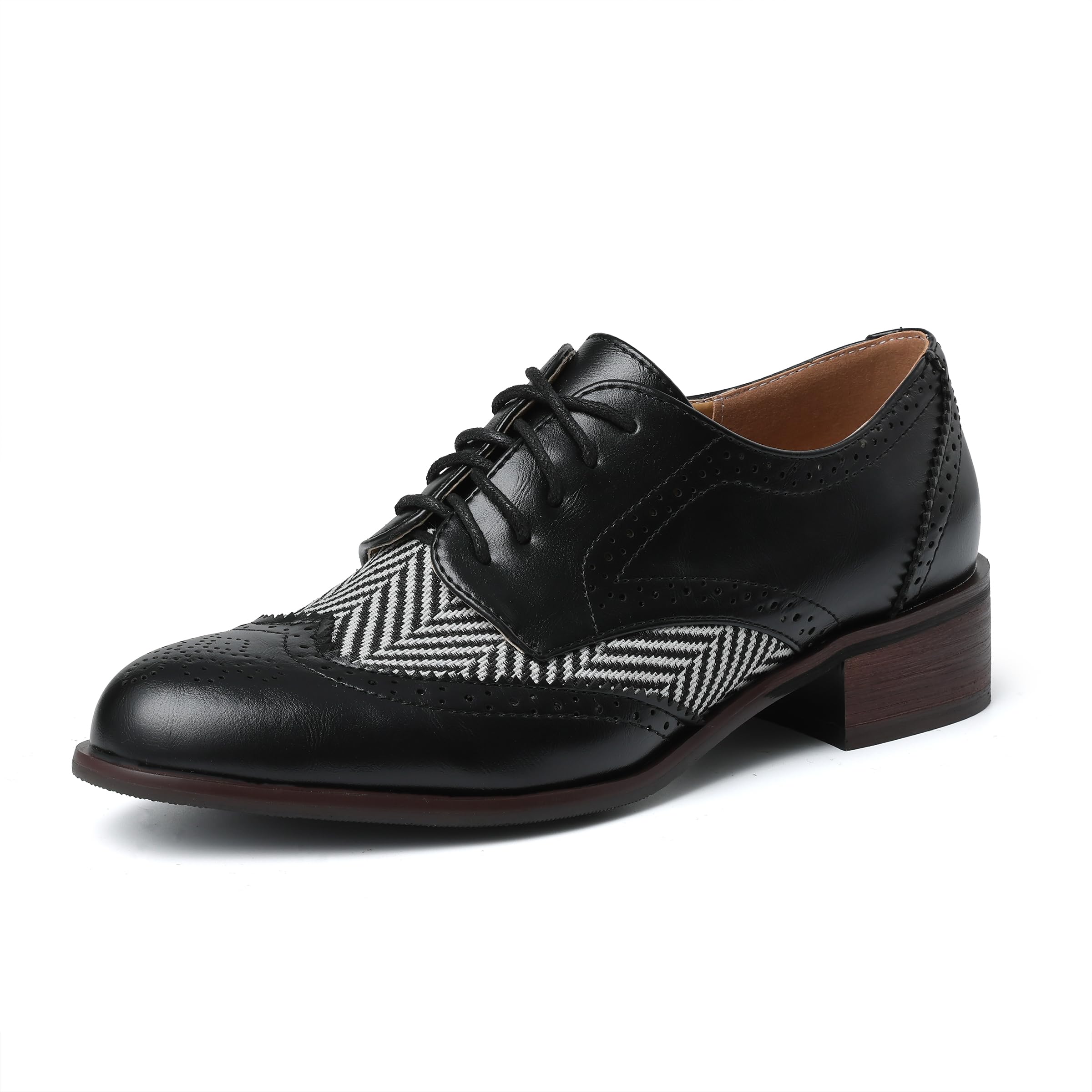Women Black Oxfords Lace Up Pointed Toe Classic Business Formal Wingtip Brogue Dressy Shoes