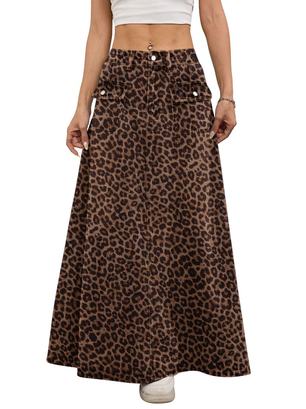 ebossy Women's Vintage Mid-Rise Multi-Pockets Flared Long Jean Skirts Pleated Flowy Swing A-line Denim Maxi Skirts