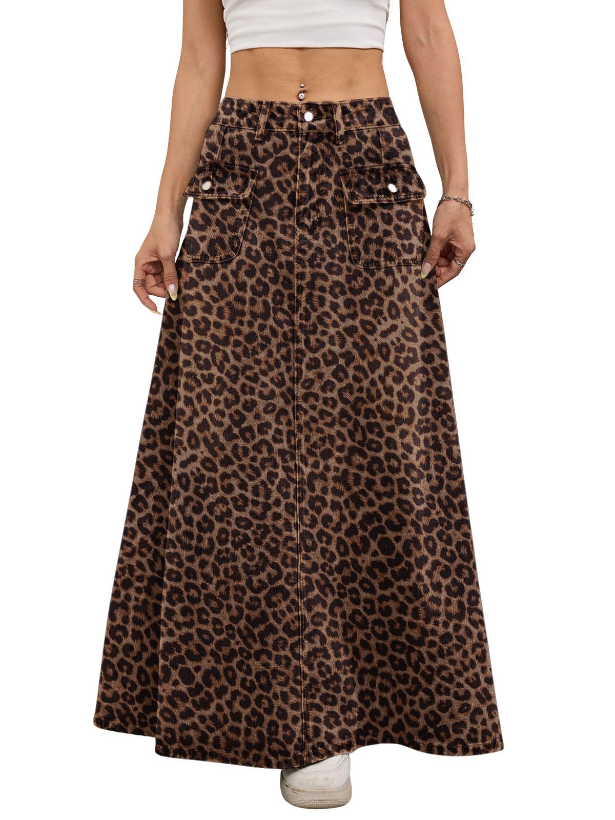 ebossy Women's Vintage Mid-Rise Multi-Pockets Flared Long Jean Skirts Pleated Flowy Swing A-line Denim Maxi Skirts