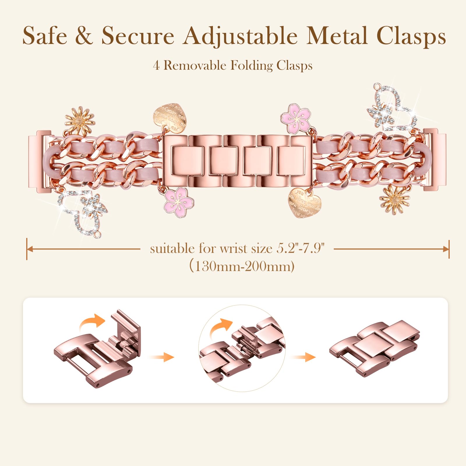 Stylish Metal Band Compatible with Samsung Galaxy Watch 7 Band/FE 6 5 4 40mm 44mm,Galaxy Active 2, 20mm Watch Strap Pretty Chain with Cute Decorative Charms Accessories for Samsung Watch Bands Women