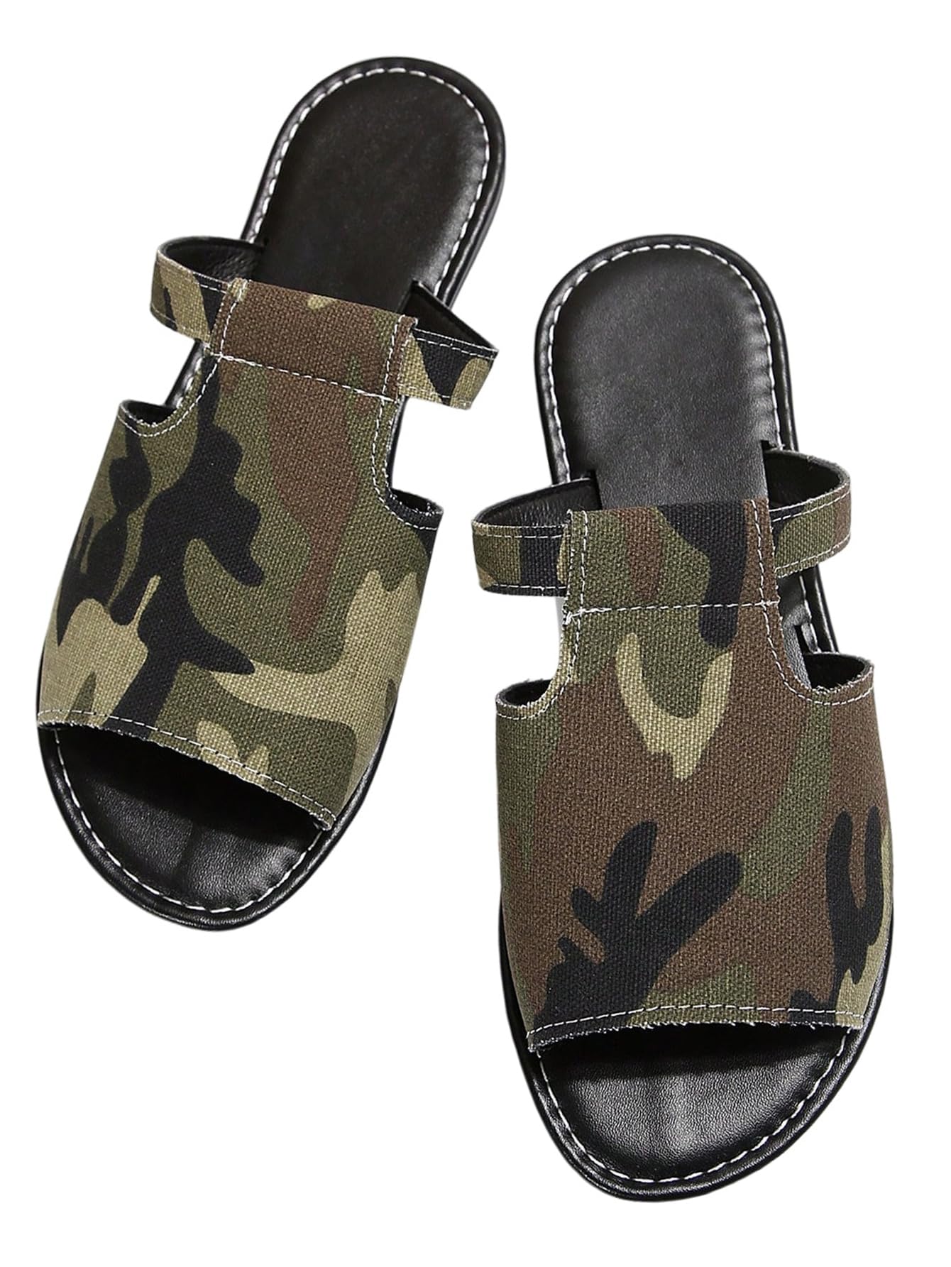 RoseSeek Women's Camo Print Beach Sandals Open Toe Flat Sandals Cut Out Vacation Slide Shoes