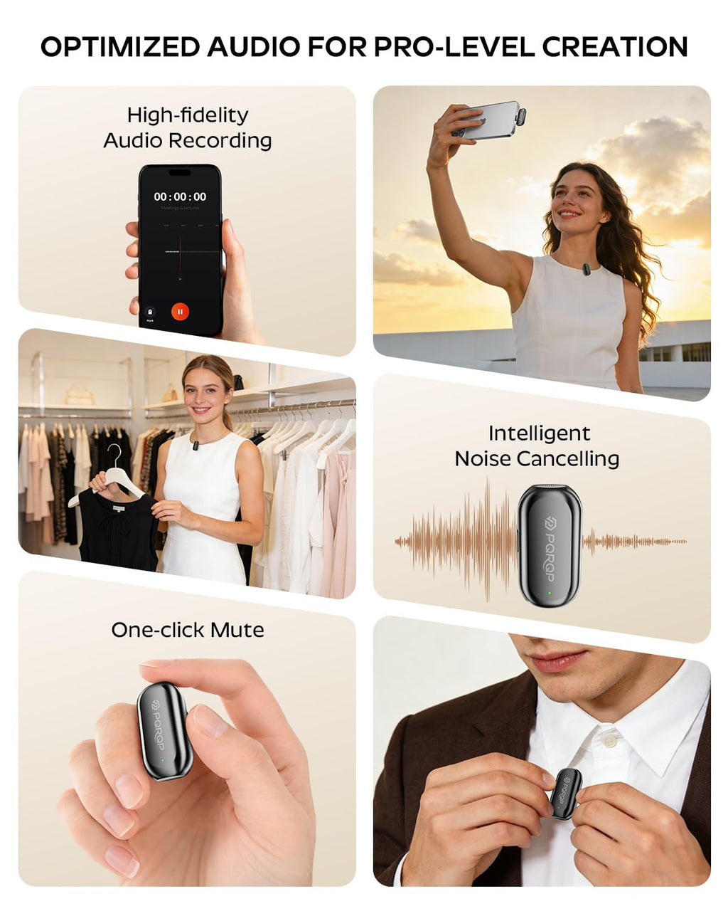 PQRQP Wireless Lavalier Microphone for iPhone/iPad/Android, 164ft Transmission, Mini Microphone with AI Noise Cancellation & Hi-Fi Sound, 24H Charging Case, Mic Ideal for Video Recording, Preamps