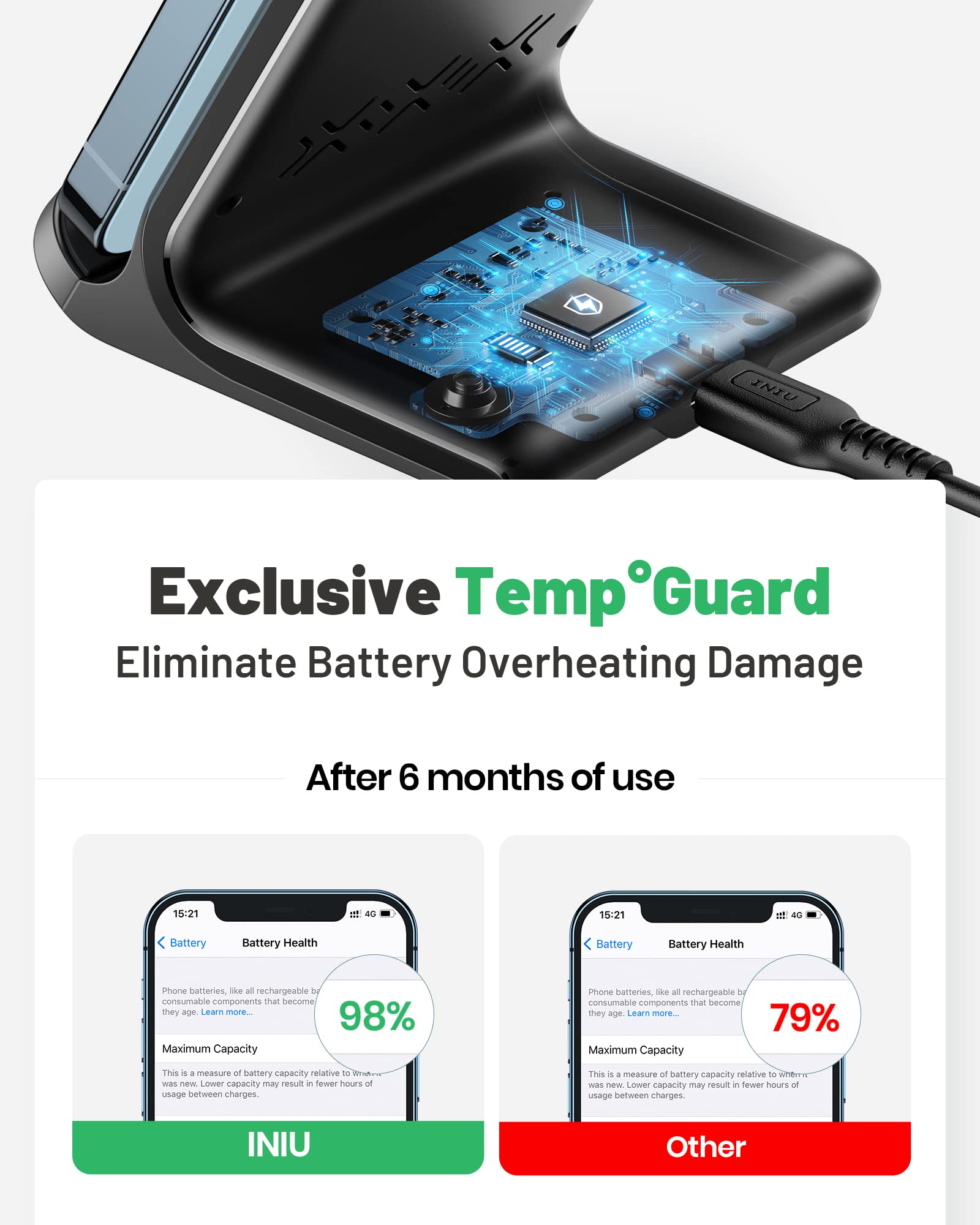INIU Wireless Charger, 15W Fast Wireless Charging Station with Sleep-Friendly Adaptive Light Compatible with iPhone 17 16 15 14 13 12 Pro Max Samsung Galaxy S25 S24 S23 Note 20 Google etc