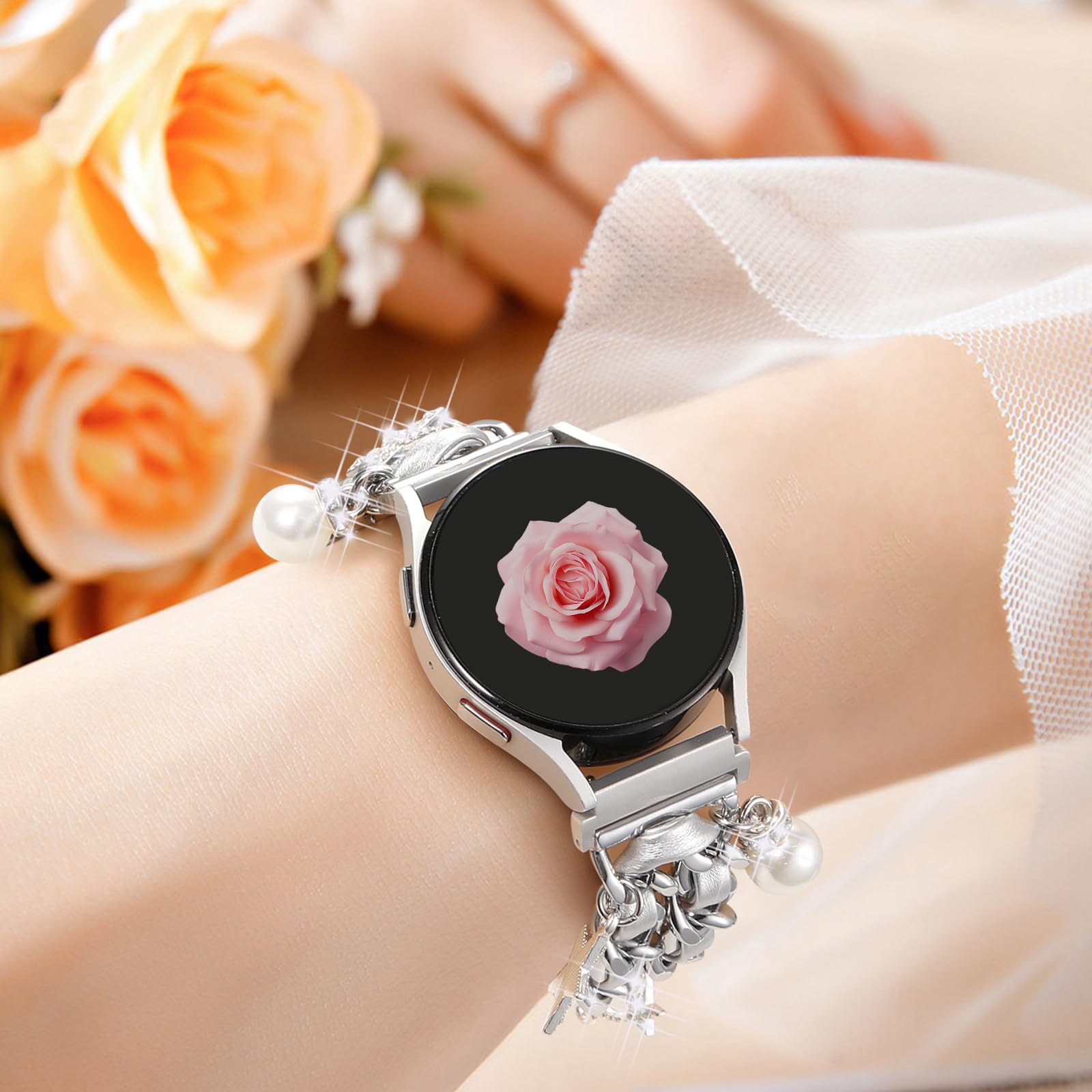 Stylish Metal Band Compatible with Samsung Galaxy Watch 7 Band/FE 6 5 4 40mm 44mm,Galaxy Active 2, 20mm Watch Strap Pretty Chain with Cute Decorative Charms Accessories for Samsung Watch Bands Women