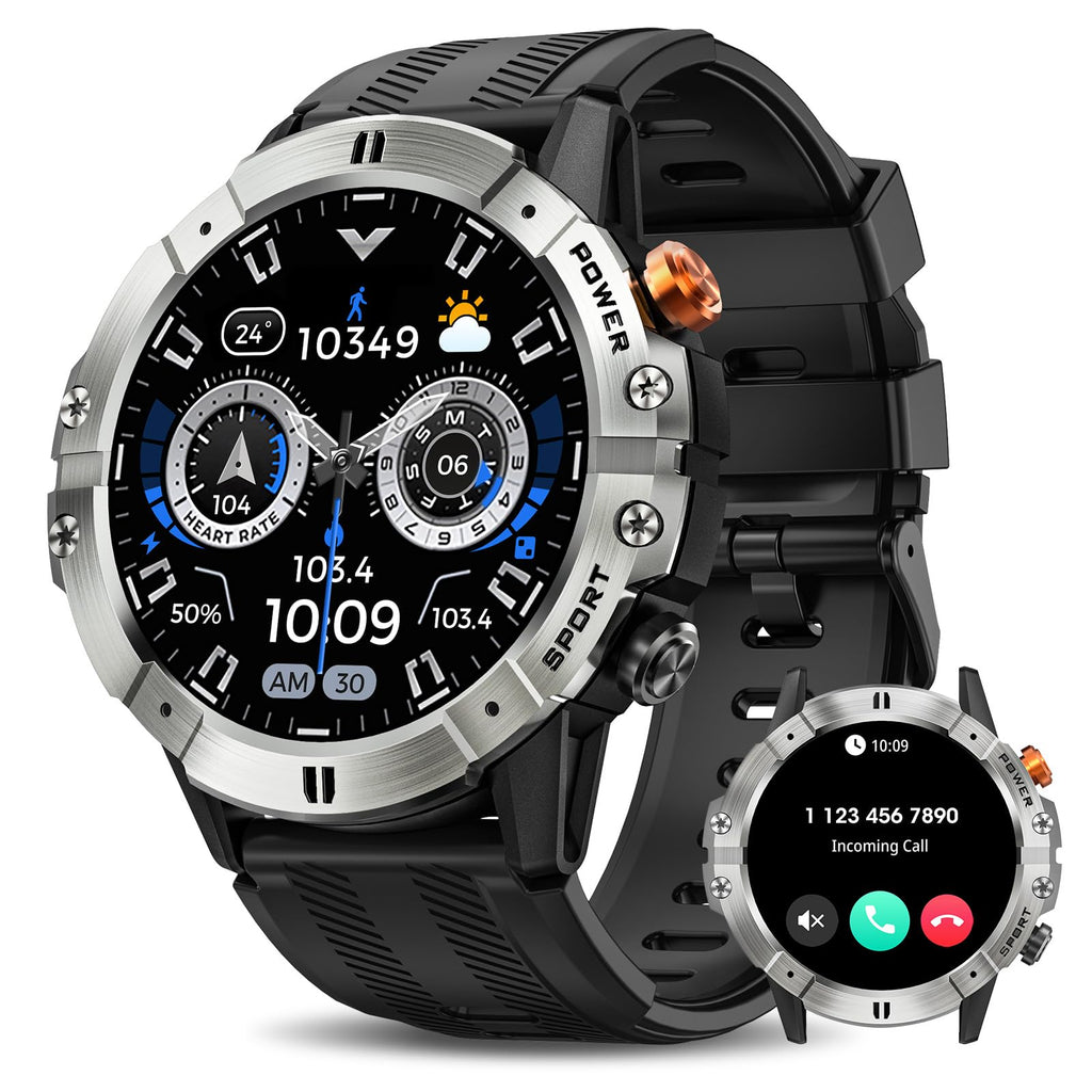 Smart Watches for Men, Bluetooth Call Military Smart Watch, Waterproof Fitness Tracker with Heart Rate/Blood Oxygen/Sleep Monitor/124 Sports Modes, Tactical Watch for Android Phones & iPhone (Black)