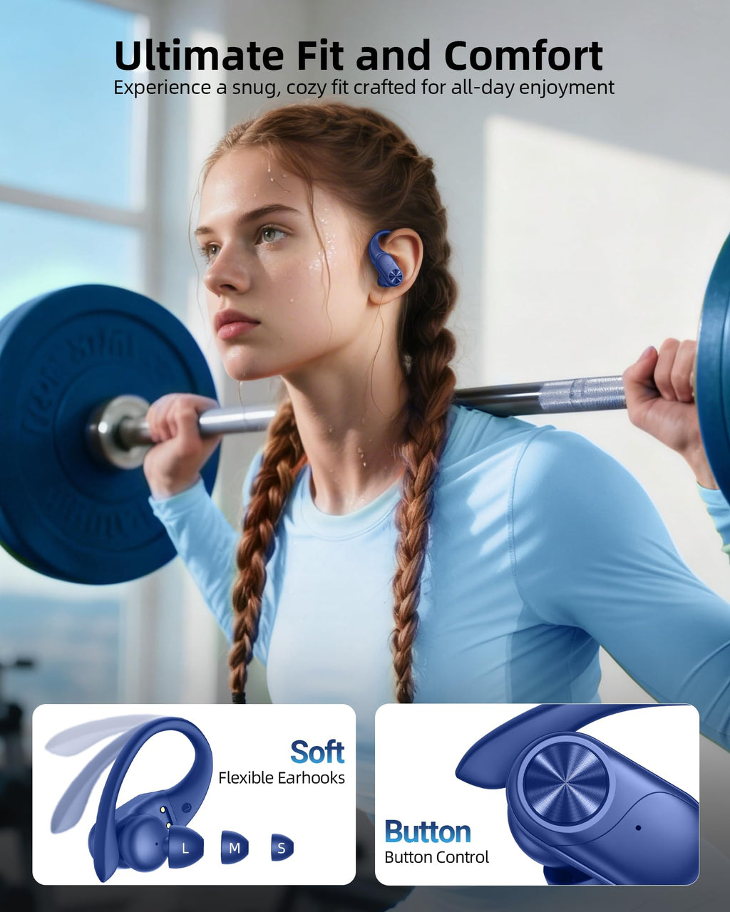 PocBuds Bluetooth Headphones Wireless Earbuds 80hrs Playtime Wireless Charging Case Digital Display Sports Ear Buds with Earhook Deep Bass IPX7 Waterproof Over-Ear Earphones for TV Phone Laptop Black
