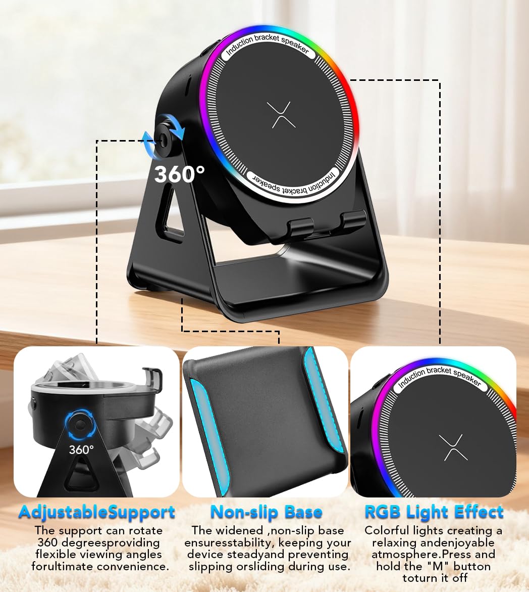 Bluetooth Speaker, 4-in-1 Wireless Induction Speaker & RGB Light Stand Multi-Functional Phone Stand Instant-Connect Stereo Sound, 360° Adjustable Holder for iPhone/Android/iPad/Samsung (Black)