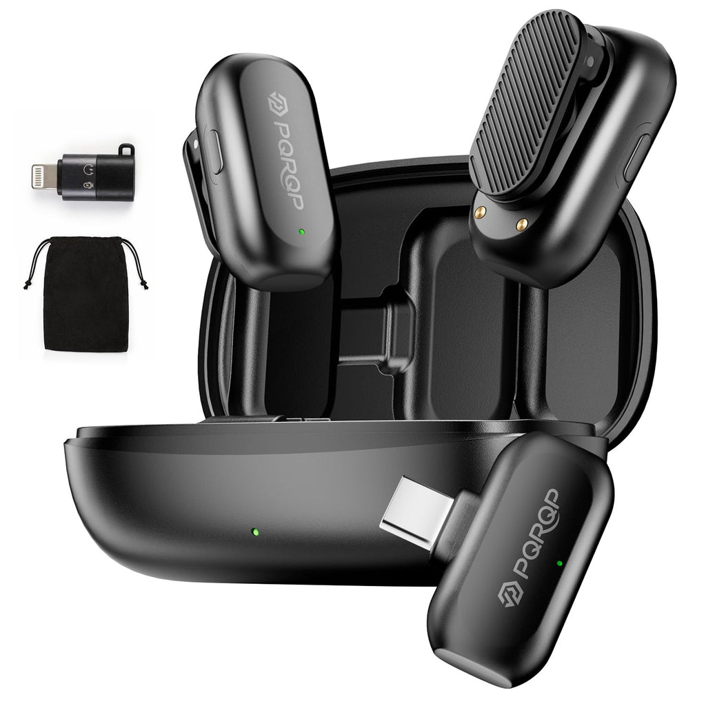 PQRQP Wireless Lavalier Microphone for iPhone/iPad/Android, 164ft Transmission, Mini Microphone with AI Noise Cancellation & Hi-Fi Sound, 24H Charging Case, Mic Ideal for Video Recording, Preamps