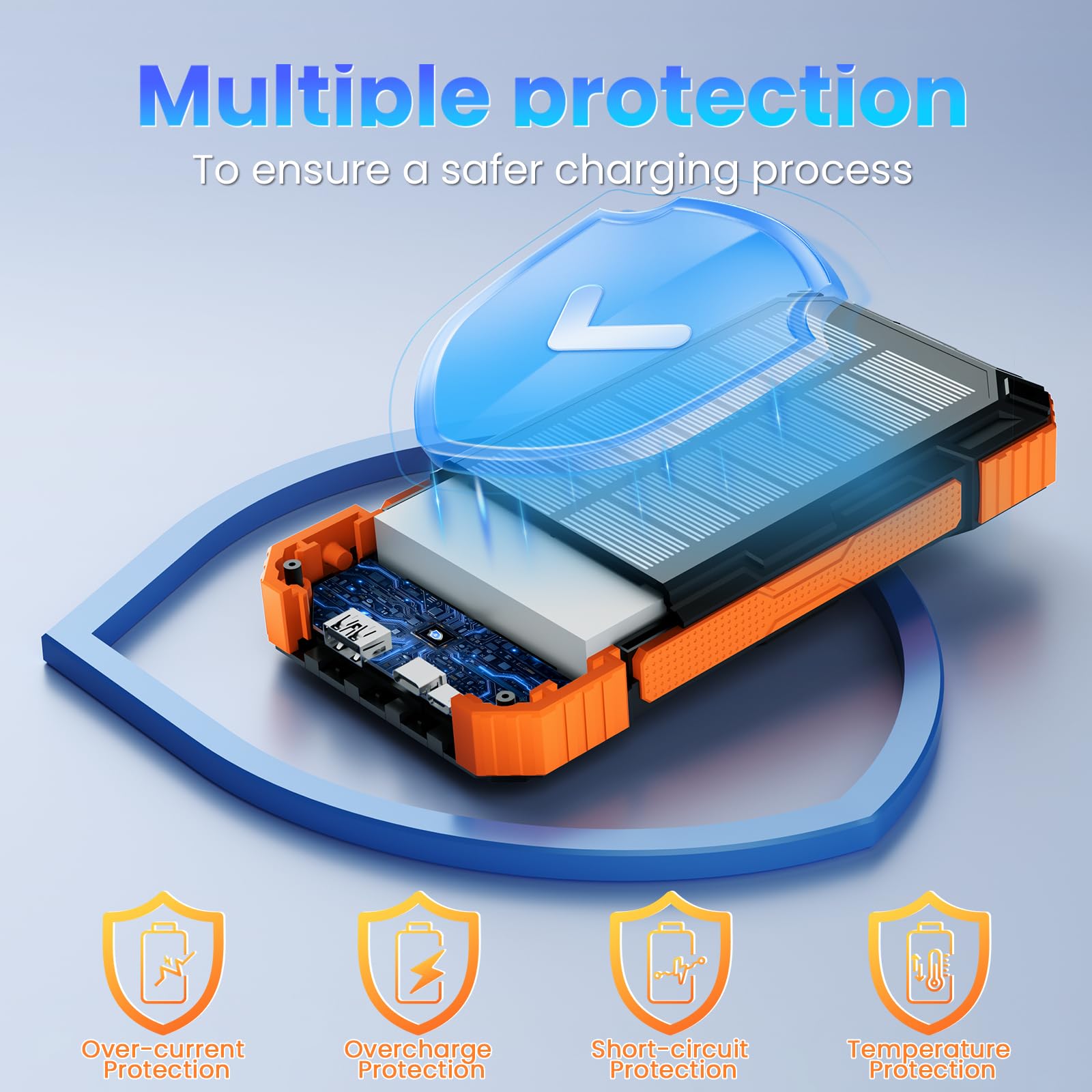 Solar Power Bank 49800mAh - Wireless Portable Charger 15W Fast Charging with 4 Built-in Cables. Equipped with a Powerful Flashlight, IP65 Outdoor Waterproof Power Bank Perfect for Camping, Hiking
