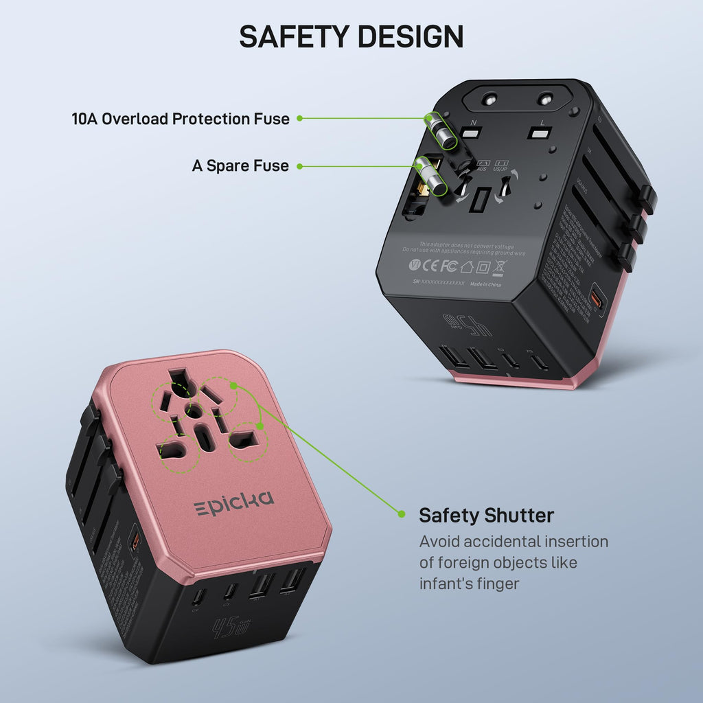 EPICKA Universal Travel Adapter GaN 45W, European Travel Plug Adapter with PD&QC Fast Charging(2 USB-A & 3 USB-C Ports) - Worldwide Travel Essentials, International Power Adapter for UK/US/AU (Black)