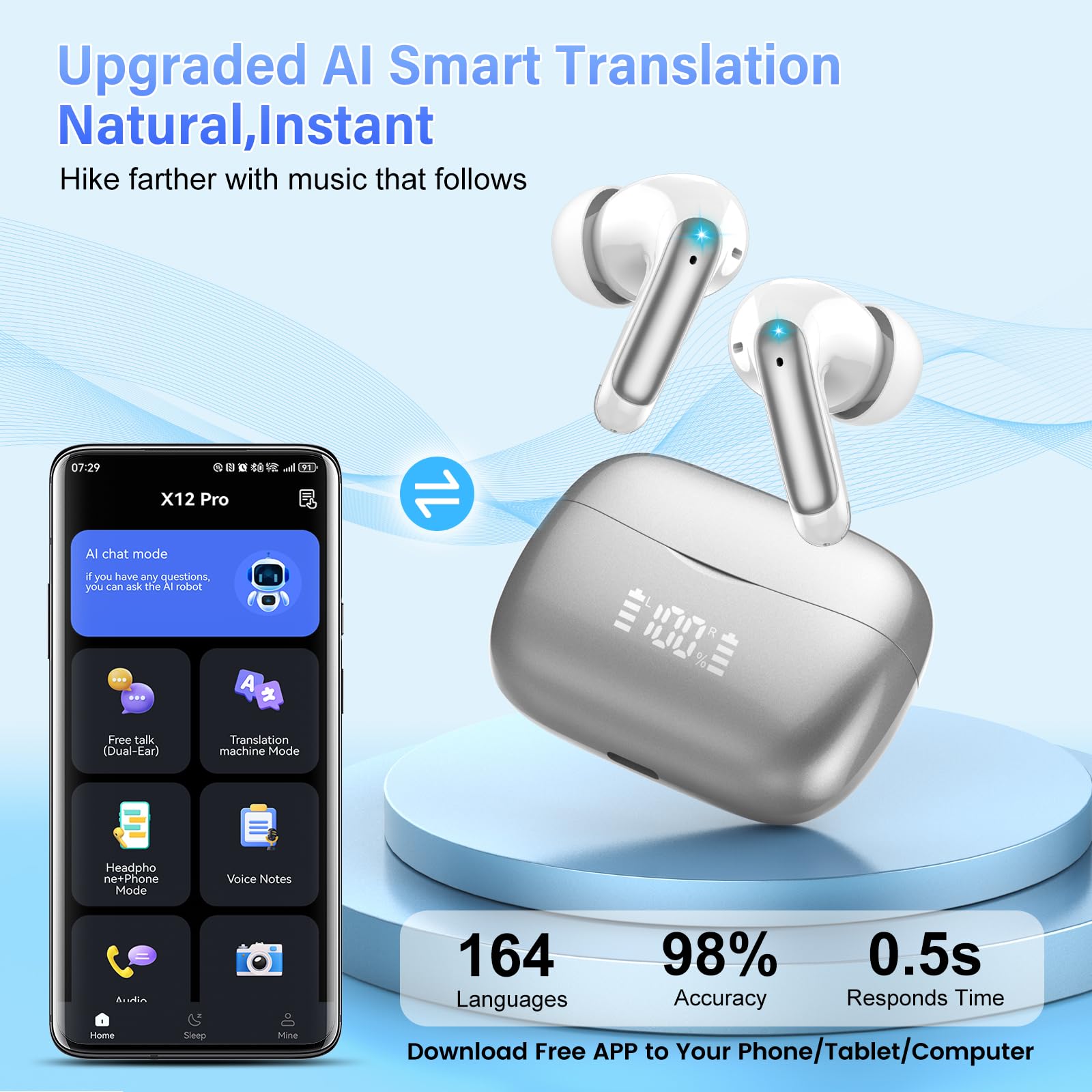 AI Translation Earbuds Real Time with Audio and Video Calls, 164 Language/7 Translation Modes Translator Earbuds Bluetooth 5.4 with APP, 48H AI Ear Buds Translator Device for Business/Learning/Travel
