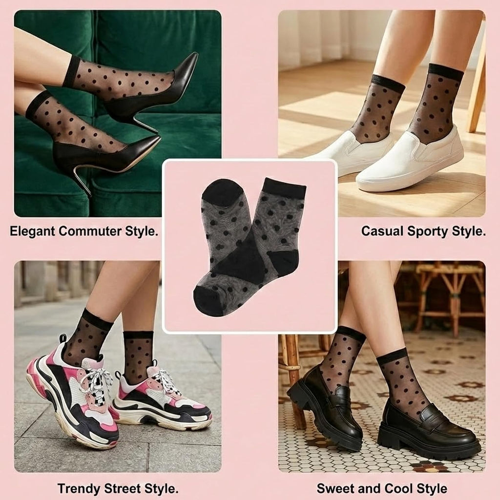 Tucnoeu 5 Pairs Women Sheer Ankle Socks, Black Sheer Polka Dot Socks, Thin Soft Reinforced Toes Stretchy Breathable Nylon Sock Mesh Dress Sock for Everyday Comfort