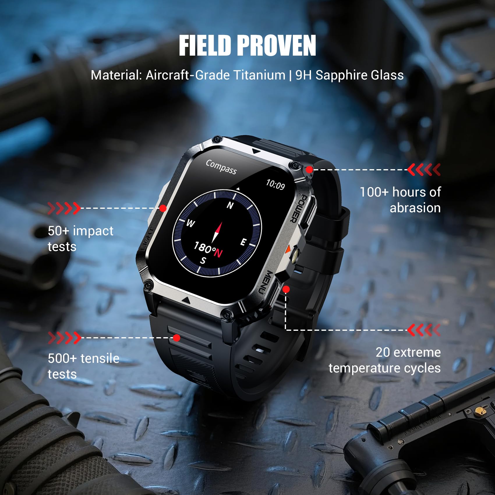 Military Tactical Smart Watches for Men, 100-Day Battery Rugged Fitness Watch with Compass & Flashlight, Sports Watch for Android with 2.01" HD Display AI Voice, IP68 Waterproof Smartwatch (Black)