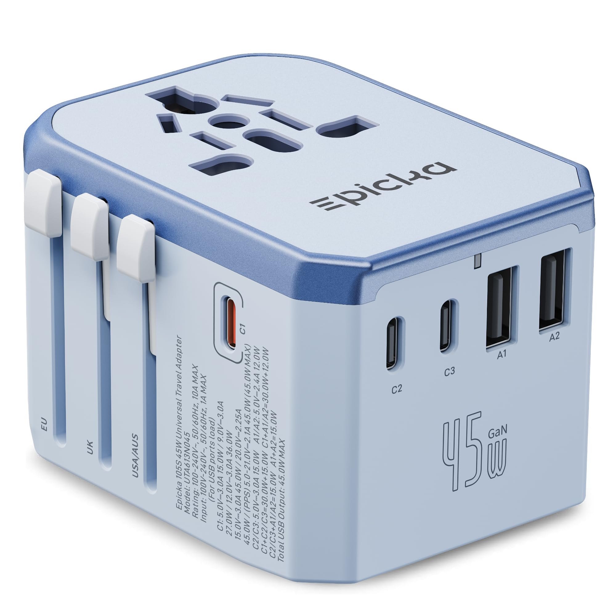 EPICKA Universal Travel Adapter GaN 45W, European Travel Plug Adapter with PD&QC Fast Charging(2 USB-A & 3 USB-C Ports) - Worldwide Travel Essentials, International Power Adapter for UK/US/AU (Black)