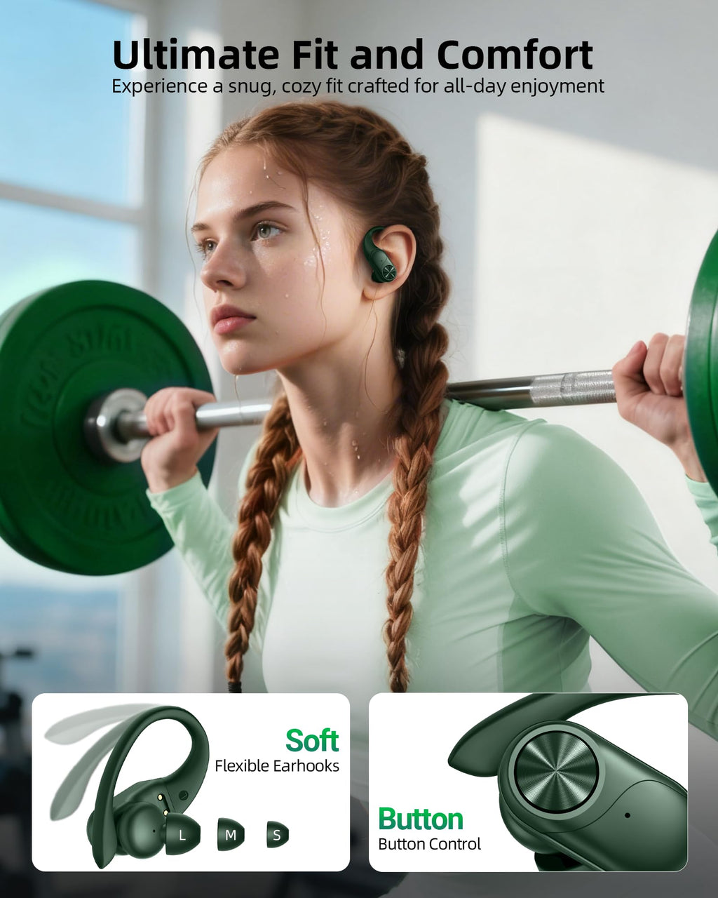 PocBuds Bluetooth Headphones Wireless Earbuds 80hrs Playtime Wireless Charging Case Digital Display Sports Ear Buds with Earhook Deep Bass IPX7 Waterproof Over-Ear Earphones for TV Phone Laptop Black