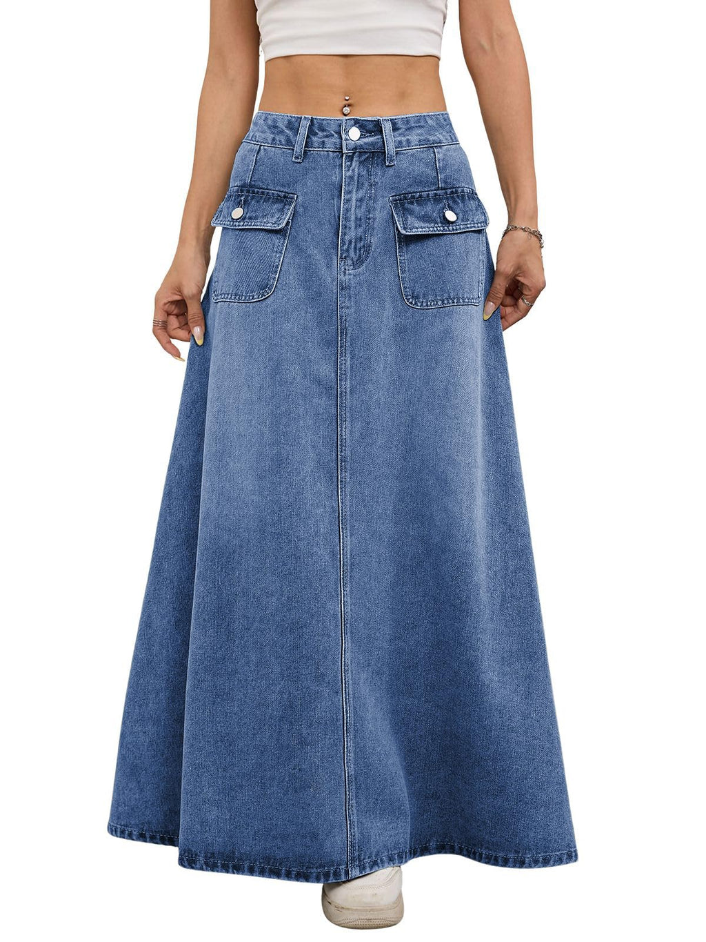 ebossy Women's Vintage Mid-Rise Multi-Pockets Flared Long Jean Skirts Pleated Flowy Swing A-line Denim Maxi Skirts
