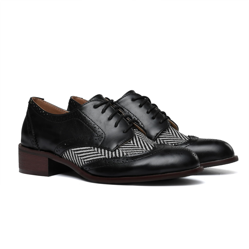 Women Black Oxfords Lace Up Pointed Toe Classic Business Formal Wingtip Brogue Dressy Shoes