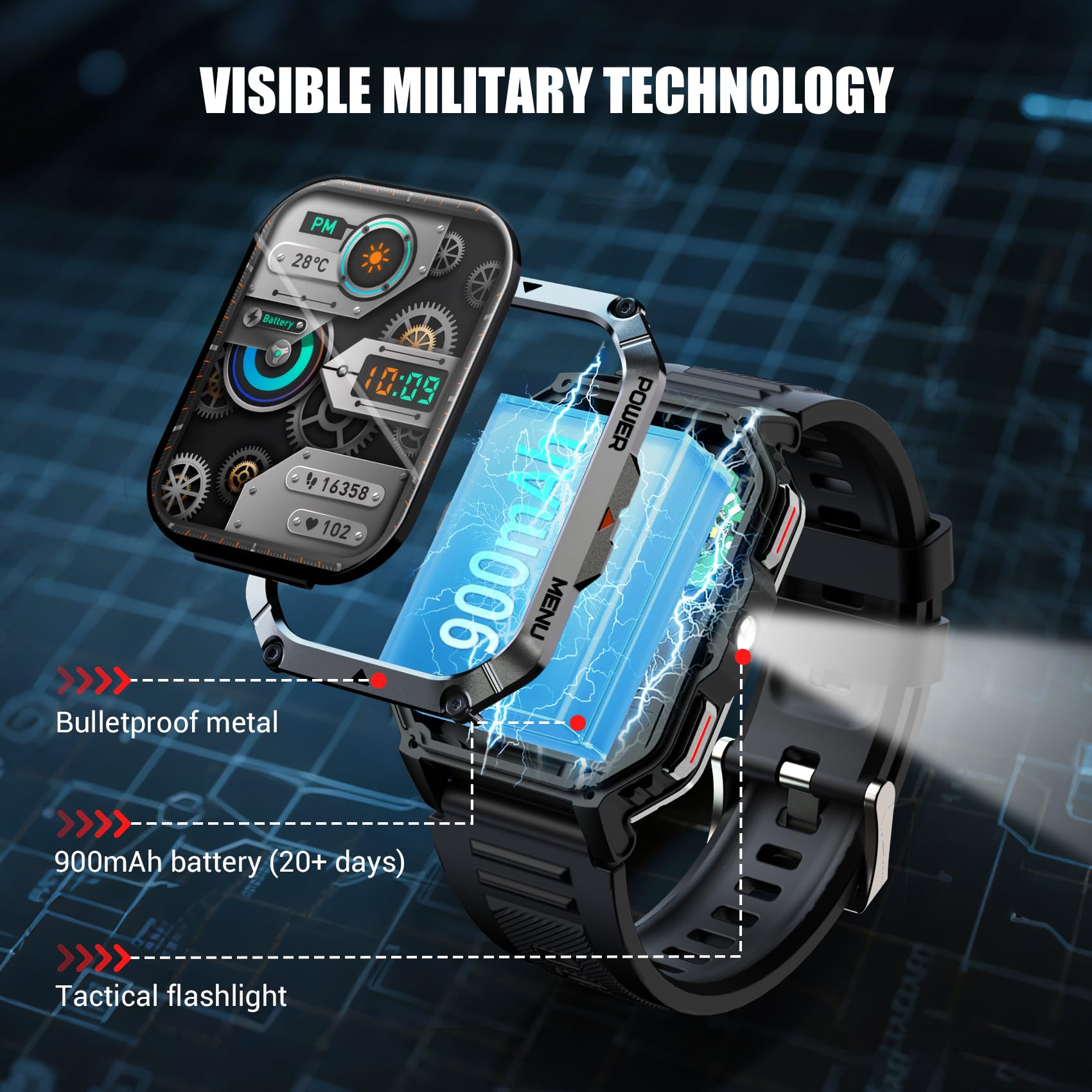 Military Tactical Smart Watches for Men, 100-Day Battery Rugged Fitness Watch with Compass & Flashlight, Sports Watch for Android with 2.01" HD Display AI Voice, IP68 Waterproof Smartwatch (Black)