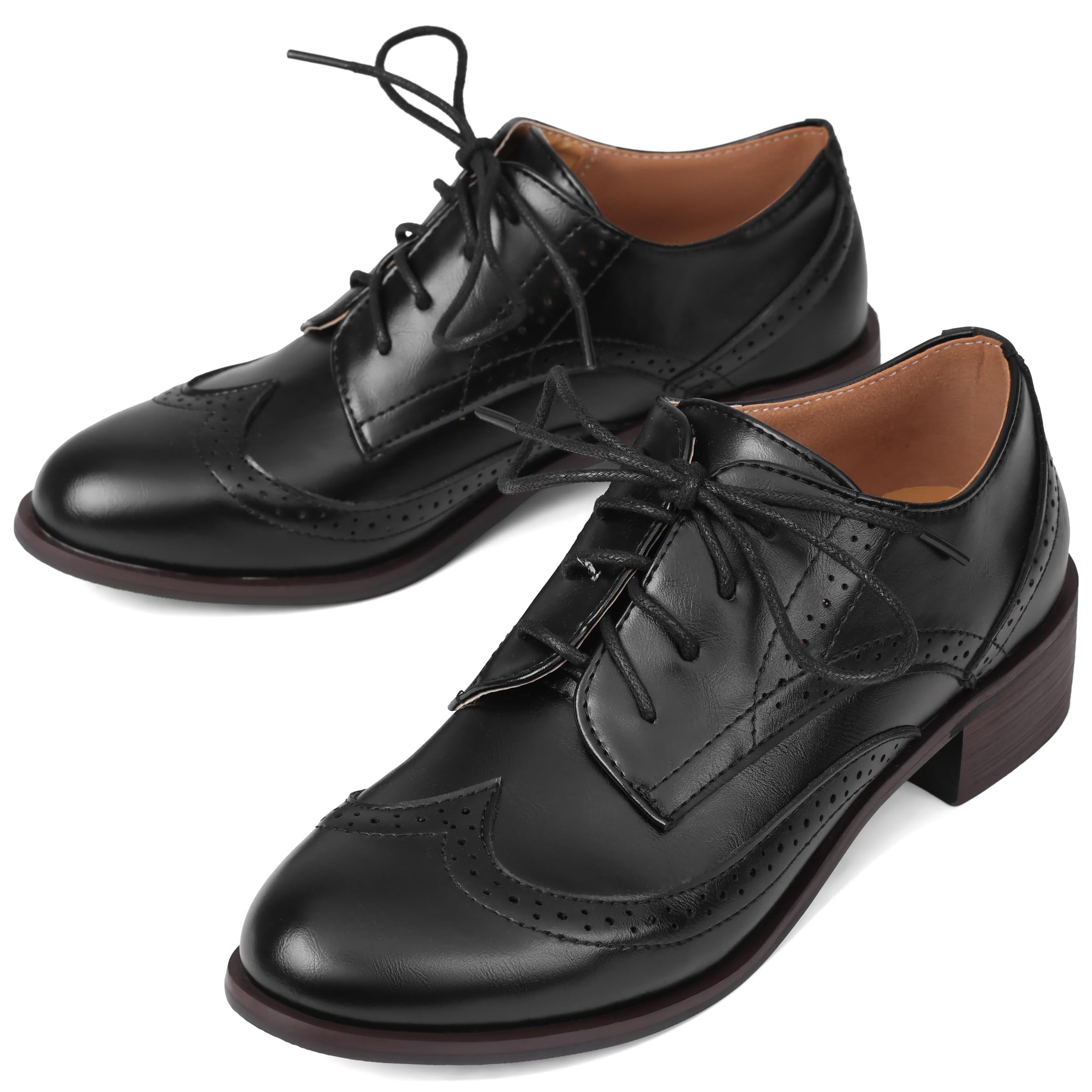Women Black Oxfords Lace Up Pointed Toe Classic Business Formal Wingtip Brogue Dressy Shoes