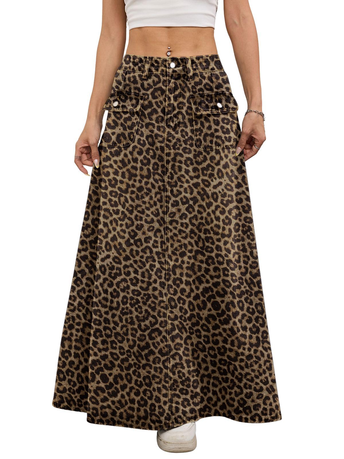 ebossy Women's Vintage Mid-Rise Multi-Pockets Flared Long Jean Skirts Pleated Flowy Swing A-line Denim Maxi Skirts