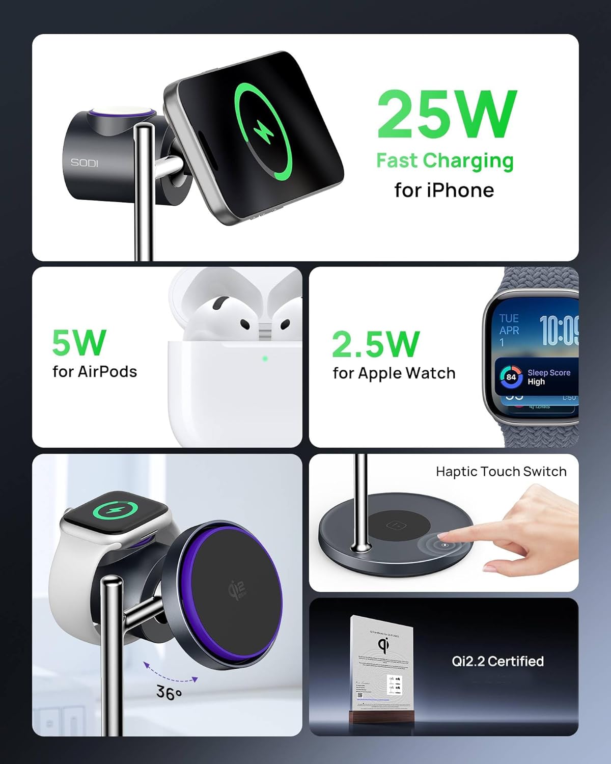 SODI Qi2 25W Wireless Charger, 3 in 1 Charging Station with Cooling Fan, Magnetic Qi2.2 Wireless Charger Stand, Compatible with iPhone 17/16/15/14/13/12, Apple Watch, AirPods (GaN Adapter Included)