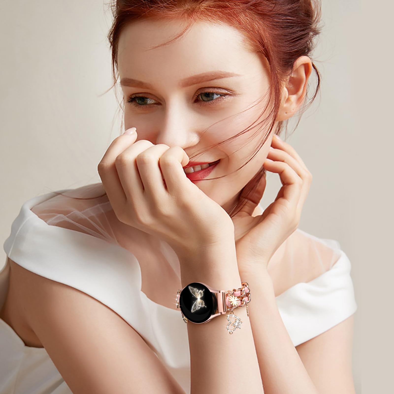 Stylish Metal Band Compatible with Samsung Galaxy Watch 7 Band/FE 6 5 4 40mm 44mm,Galaxy Active 2, 20mm Watch Strap Pretty Chain with Cute Decorative Charms Accessories for Samsung Watch Bands Women