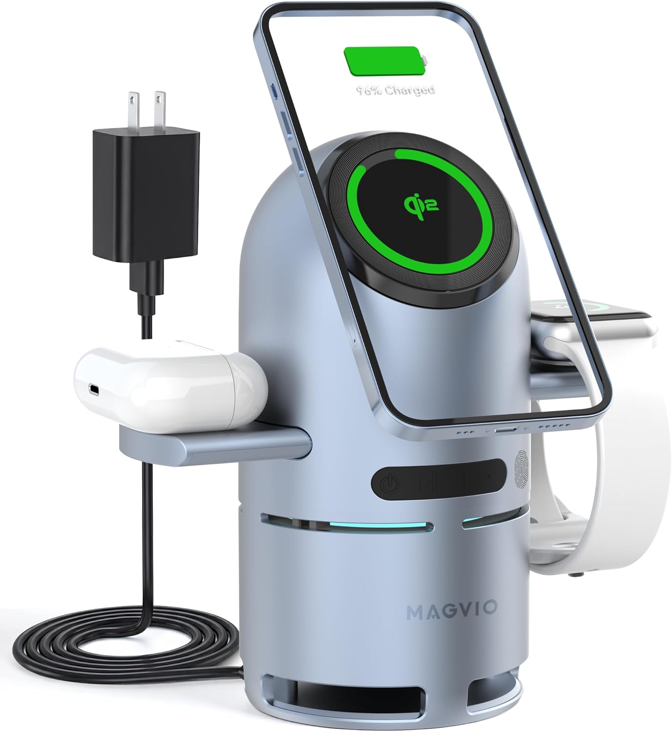 3 in 1 Mag-Safe Charging Station with Bluetooth Speaker, Auto-Rotating Magnetic Stand, 15W Qi2 Fast Wireless Charger for iPhone 17/16/15/14/13/12, Apple Watch, AirPods, 30W USB-C Adapter