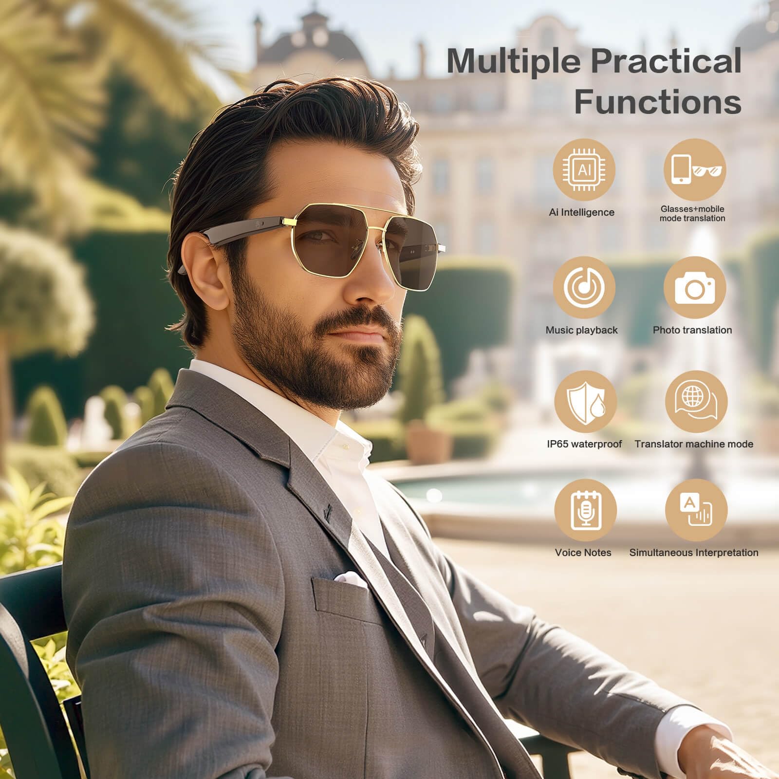 AI Smart Glasses with Chat GPT, AI Translation Glasses with 164 Language, Classic Aviator Sunglasses with Voice Assistant/AI Calling, IP65 Waterproof, Multifunctional Smart Glasses for Men Women