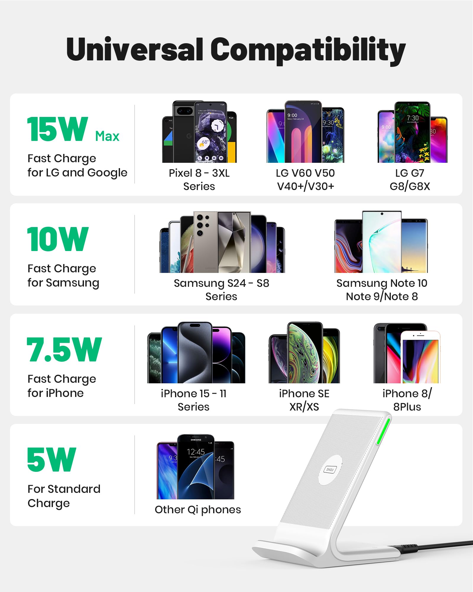INIU Wireless Charger, 15W Fast Wireless Charging Station with Sleep-Friendly Adaptive Light Compatible with iPhone 17 16 15 14 13 12 Pro Max Samsung Galaxy S25 S24 S23 Note 20 Google etc