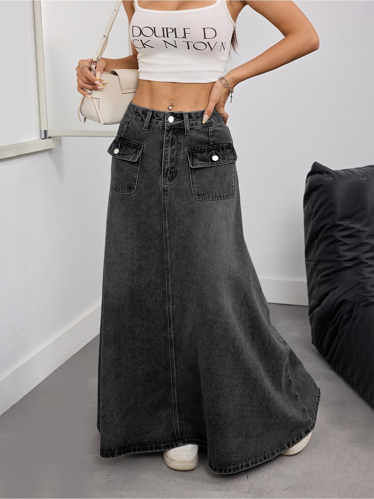 ebossy Women's Vintage Mid-Rise Multi-Pockets Flared Long Jean Skirts Pleated Flowy Swing A-line Denim Maxi Skirts