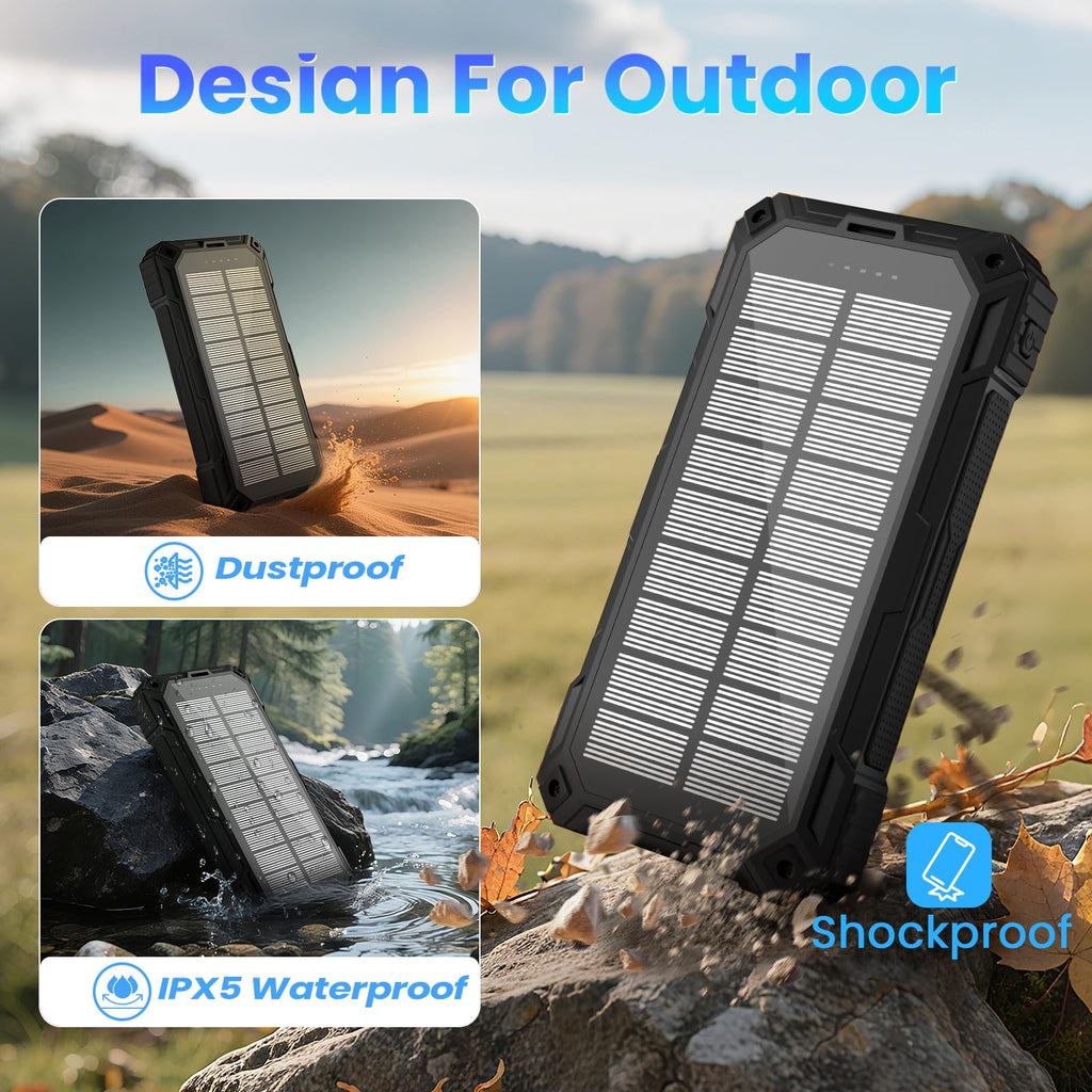 Solar Power Bank 49800mAh - Wireless Portable Charger 15W Fast Charging with 4 Built-in Cables. Equipped with a Powerful Flashlight, IP65 Outdoor Waterproof Power Bank Perfect for Camping, Hiking