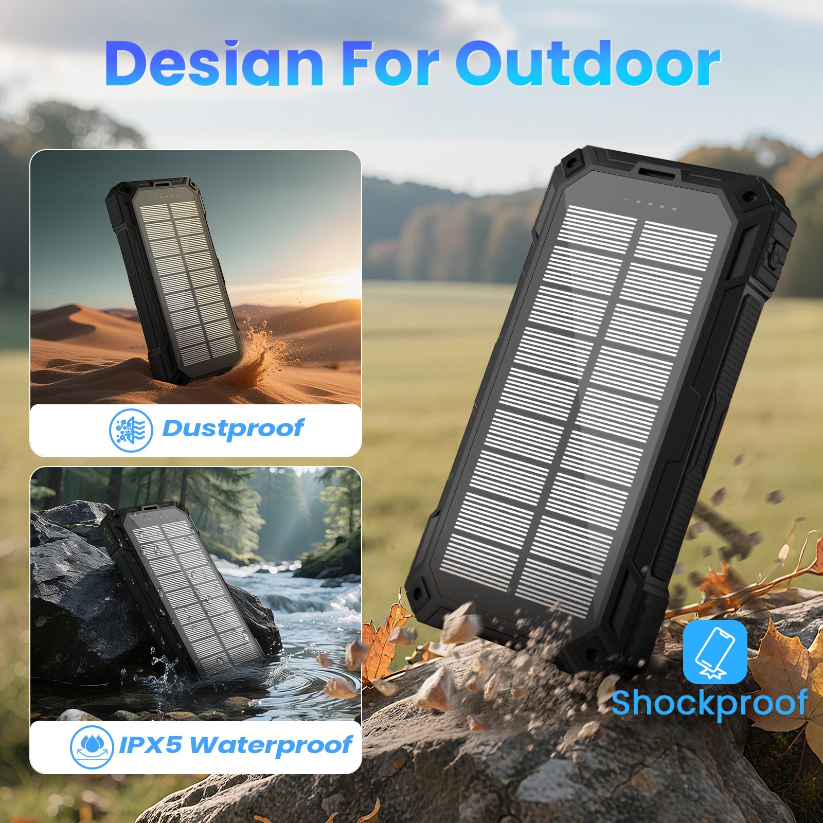Solar Power Bank 49800mAh - Wireless Portable Charger 15W Fast Charging with 4 Built-in Cables. Equipped with a Powerful Flashlight, IP65 Outdoor Waterproof Power Bank Perfect for Camping, Hiking