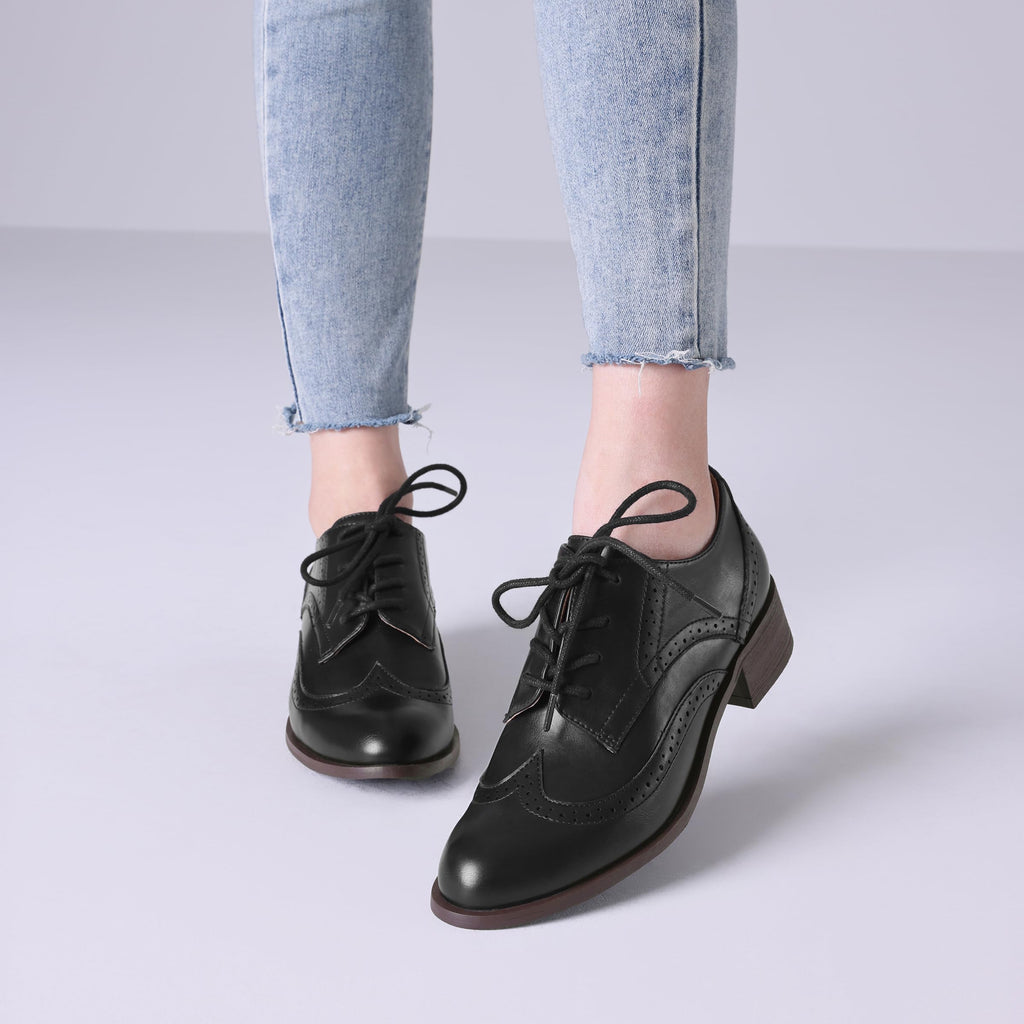 Women Black Oxfords Lace Up Pointed Toe Classic Business Formal Wingtip Brogue Dressy Shoes