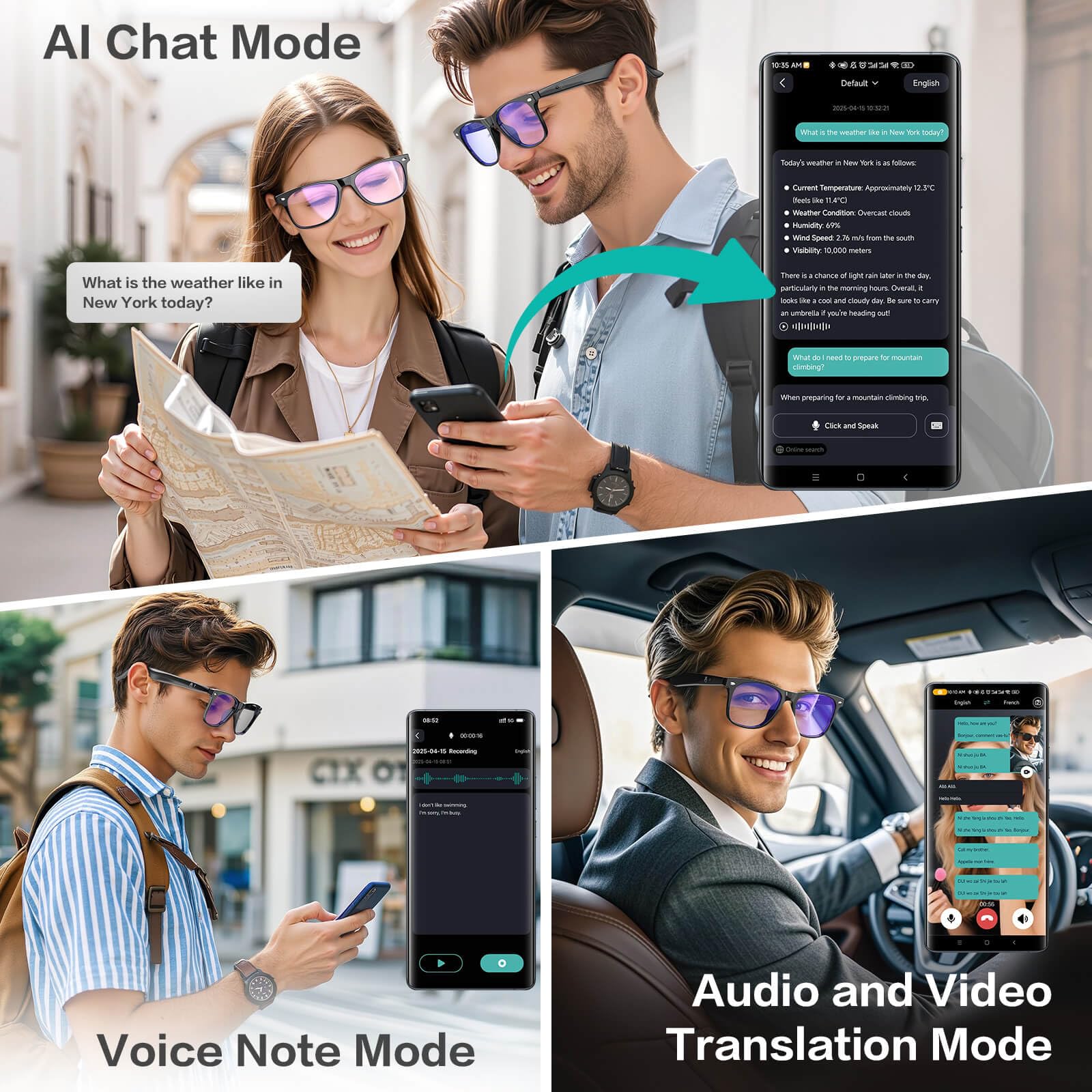 AI Smart Glasses with Chat GPT, AI Translation Glasses with 164 Language, Classic Aviator Sunglasses with Voice Assistant/AI Calling, IP65 Waterproof, Multifunctional Smart Glasses for Men Women