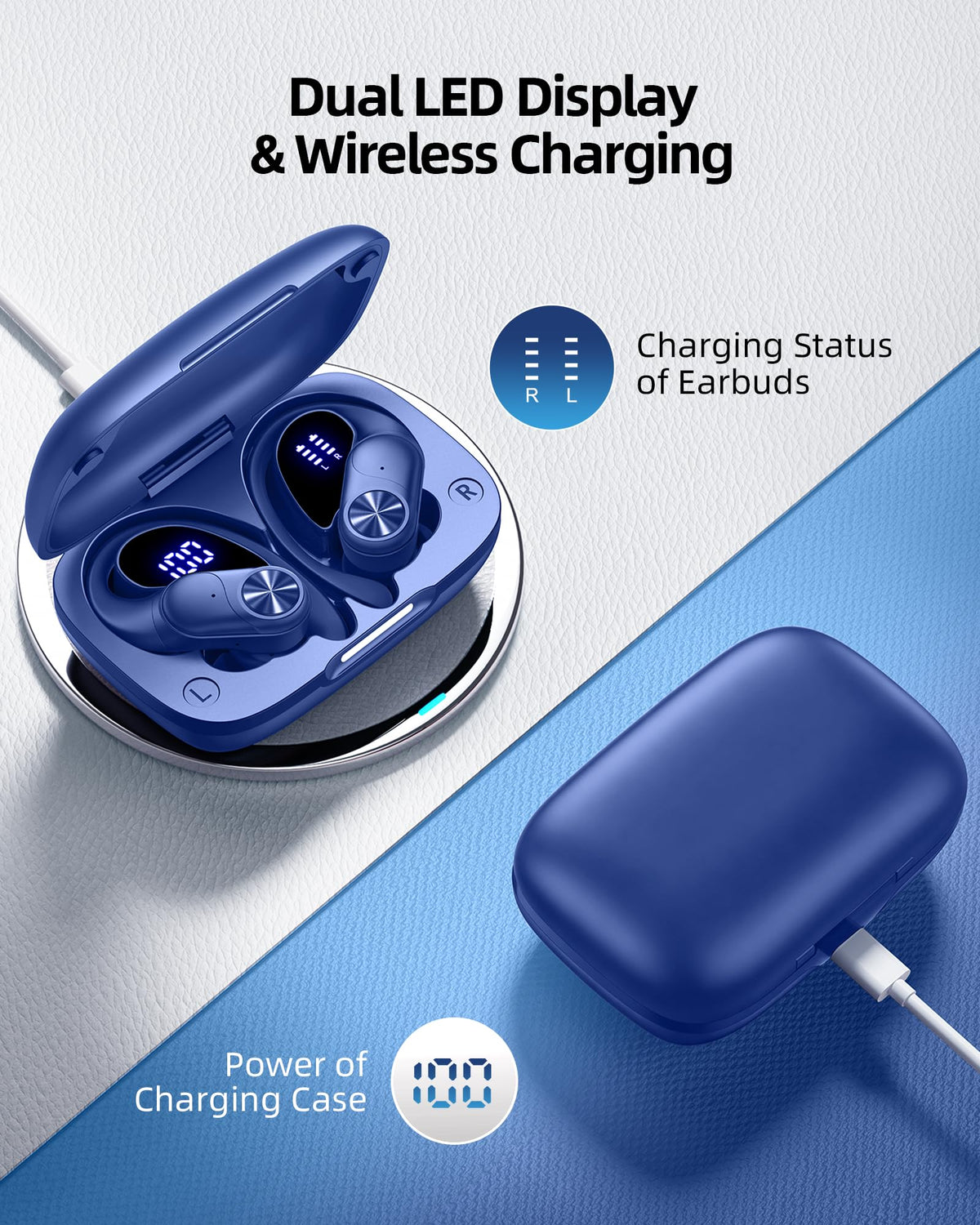PocBuds Bluetooth Headphones Wireless Earbuds 80hrs Playtime Wireless Charging Case Digital Display Sports Ear Buds with Earhook Deep Bass IPX7 Waterproof Over-Ear Earphones for TV Phone Laptop Black