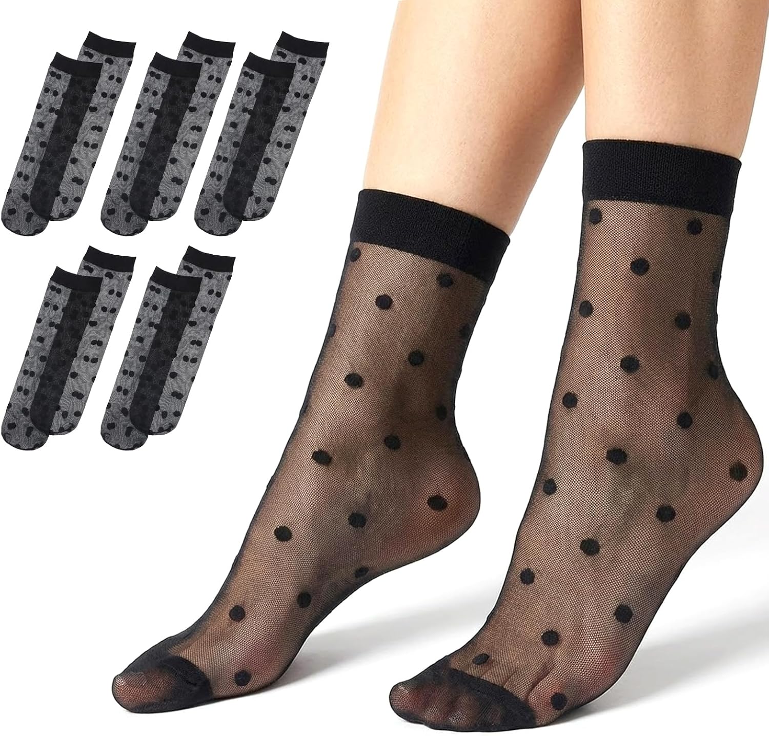 Tucnoeu 5 Pairs Women Sheer Ankle Socks, Black Sheer Polka Dot Socks, Thin Soft Reinforced Toes Stretchy Breathable Nylon Sock Mesh Dress Sock for Everyday Comfort