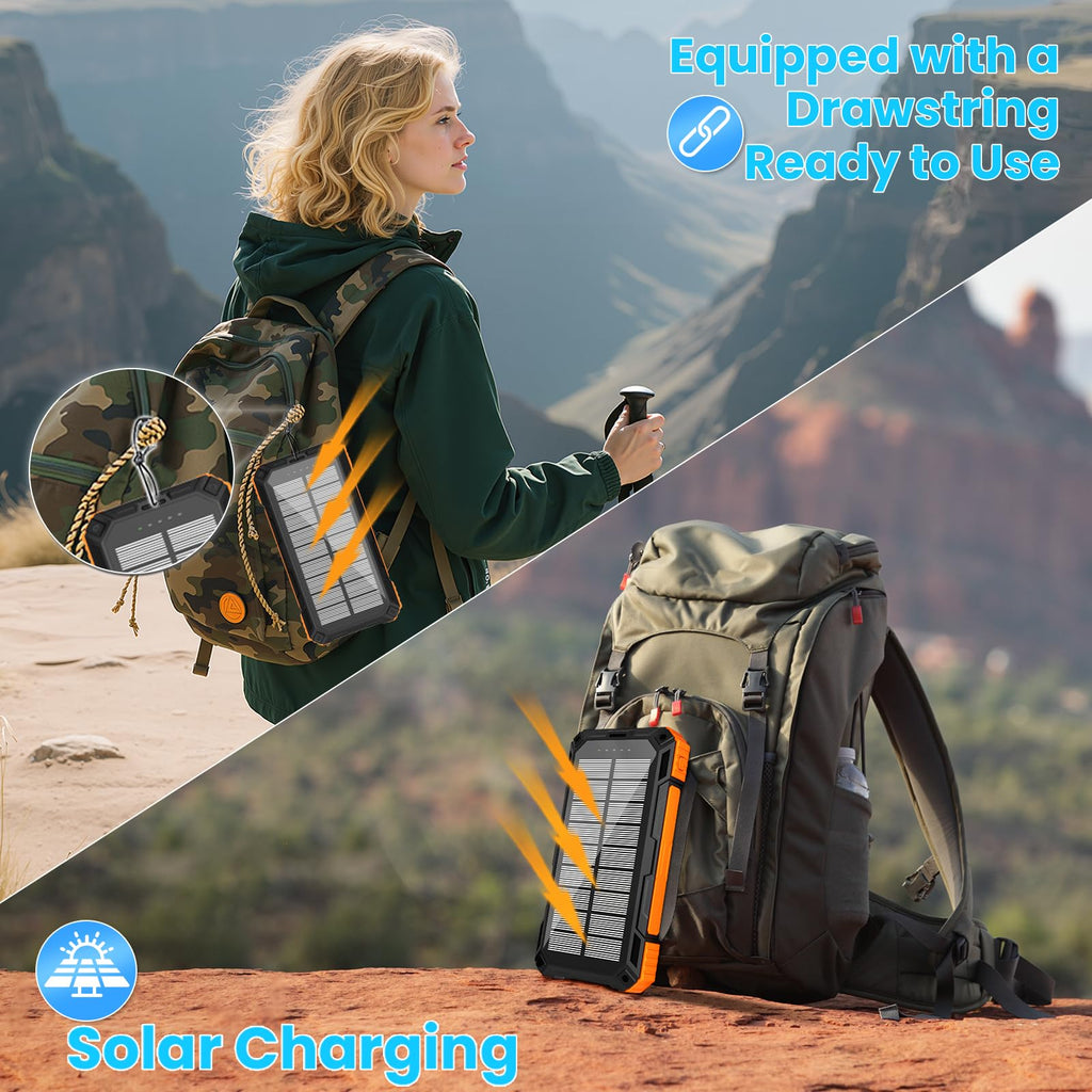 Solar Power Bank 49800mAh - Wireless Portable Charger 15W Fast Charging with 4 Built-in Cables. Equipped with a Powerful Flashlight, IP65 Outdoor Waterproof Power Bank Perfect for Camping, Hiking